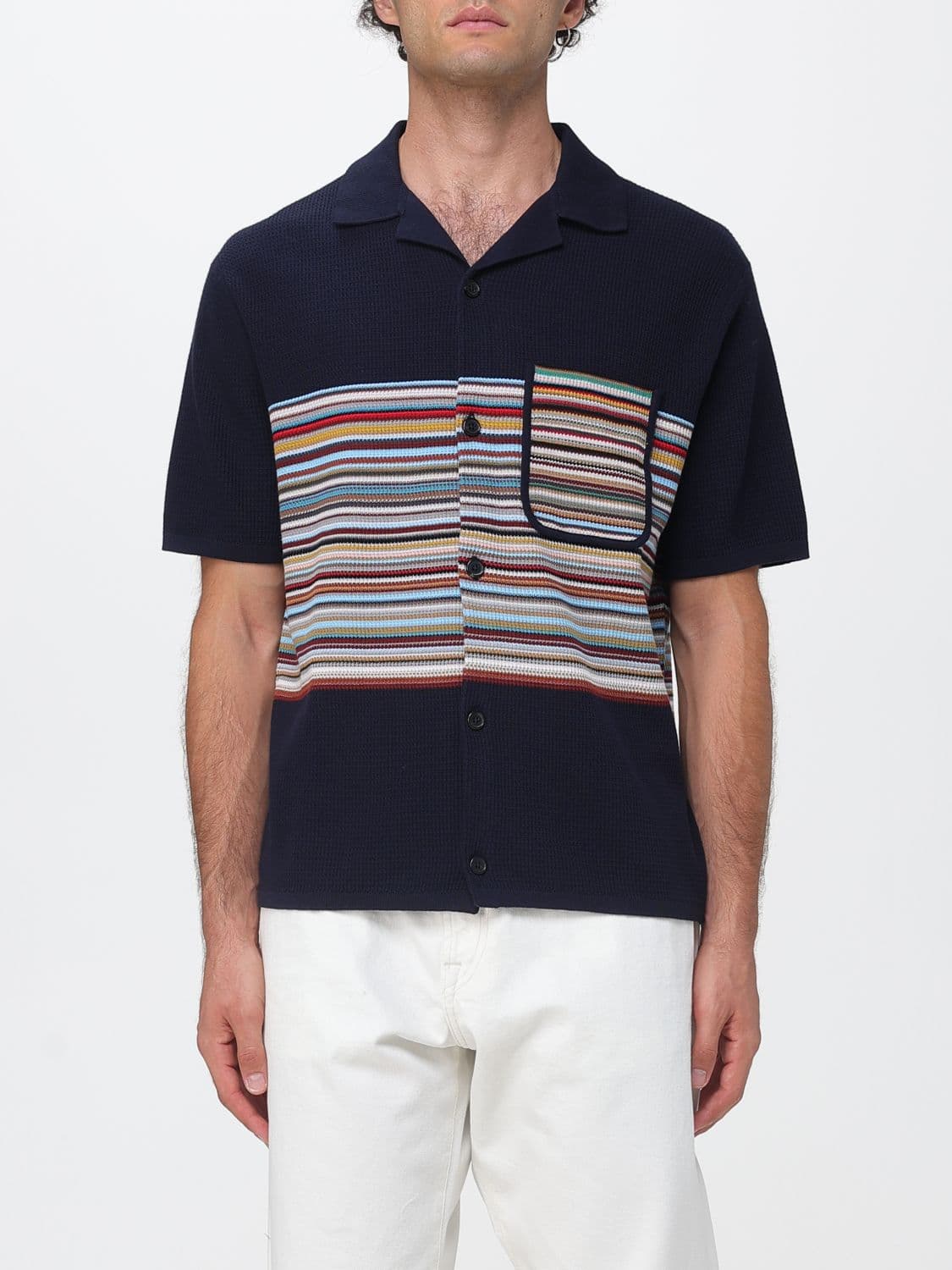Paul Smith Striped Cotton Short-Sleeve Cardigan with Cuban Collar