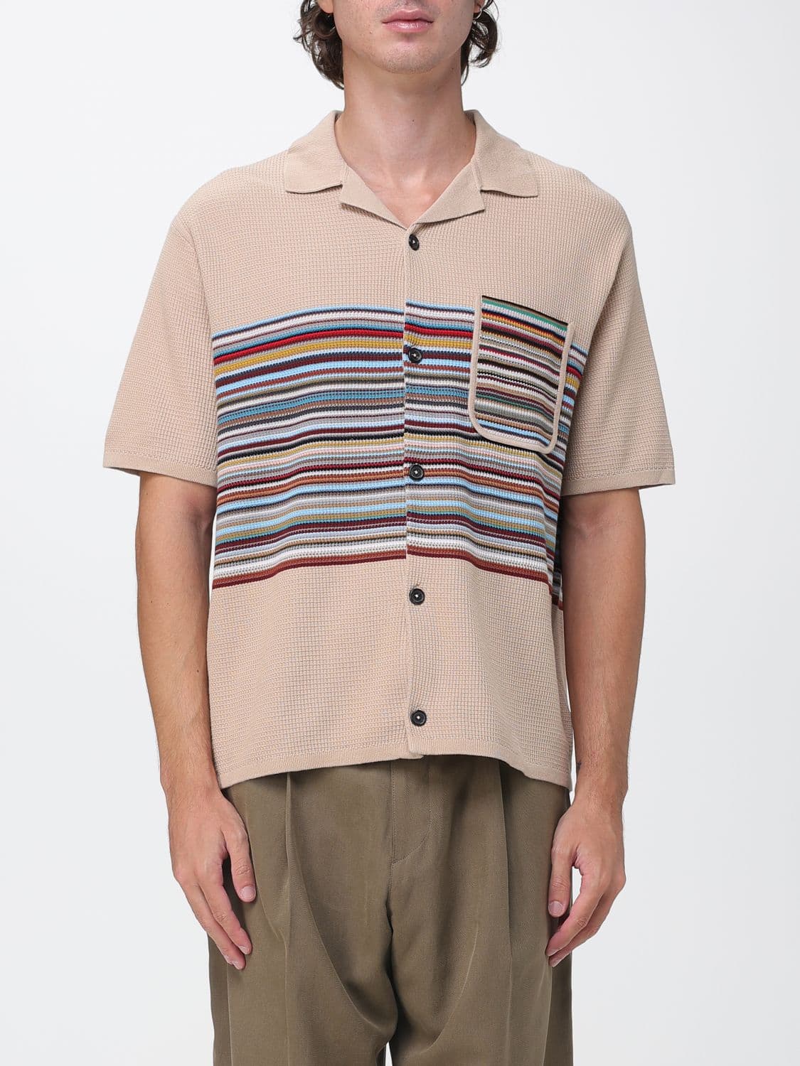 Paul Smith Striped Cotton Short-Sleeve Cardigan with Cuban Collar
