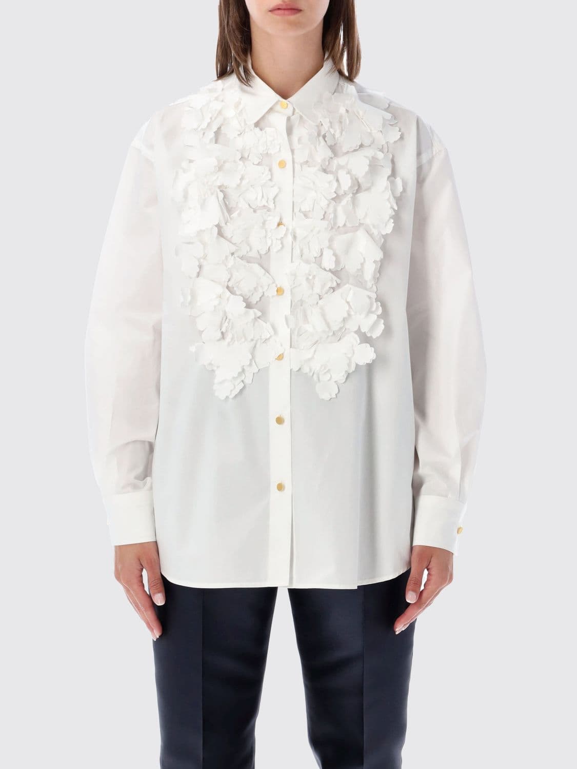 Alberta Ferretti Relaxed Fit Cotton Shirt with Ruffles and Plastron