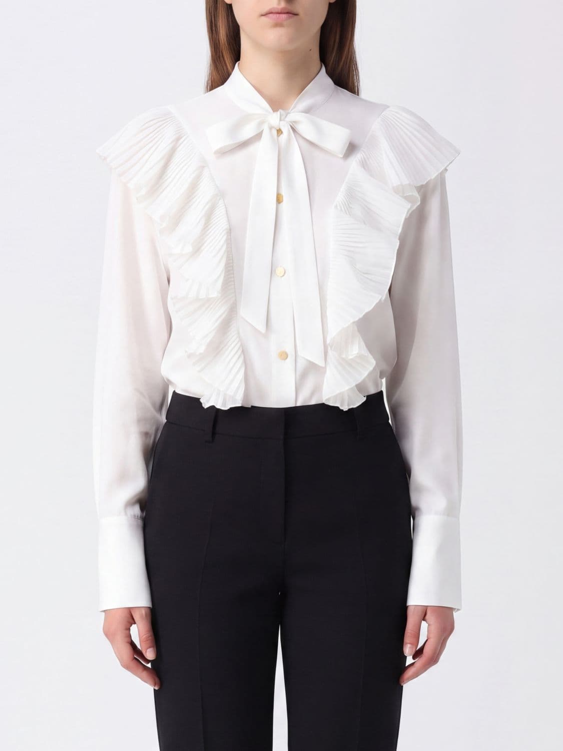 Alberta Ferretti Cotton Pussy-Bow Shirt with Ruffles