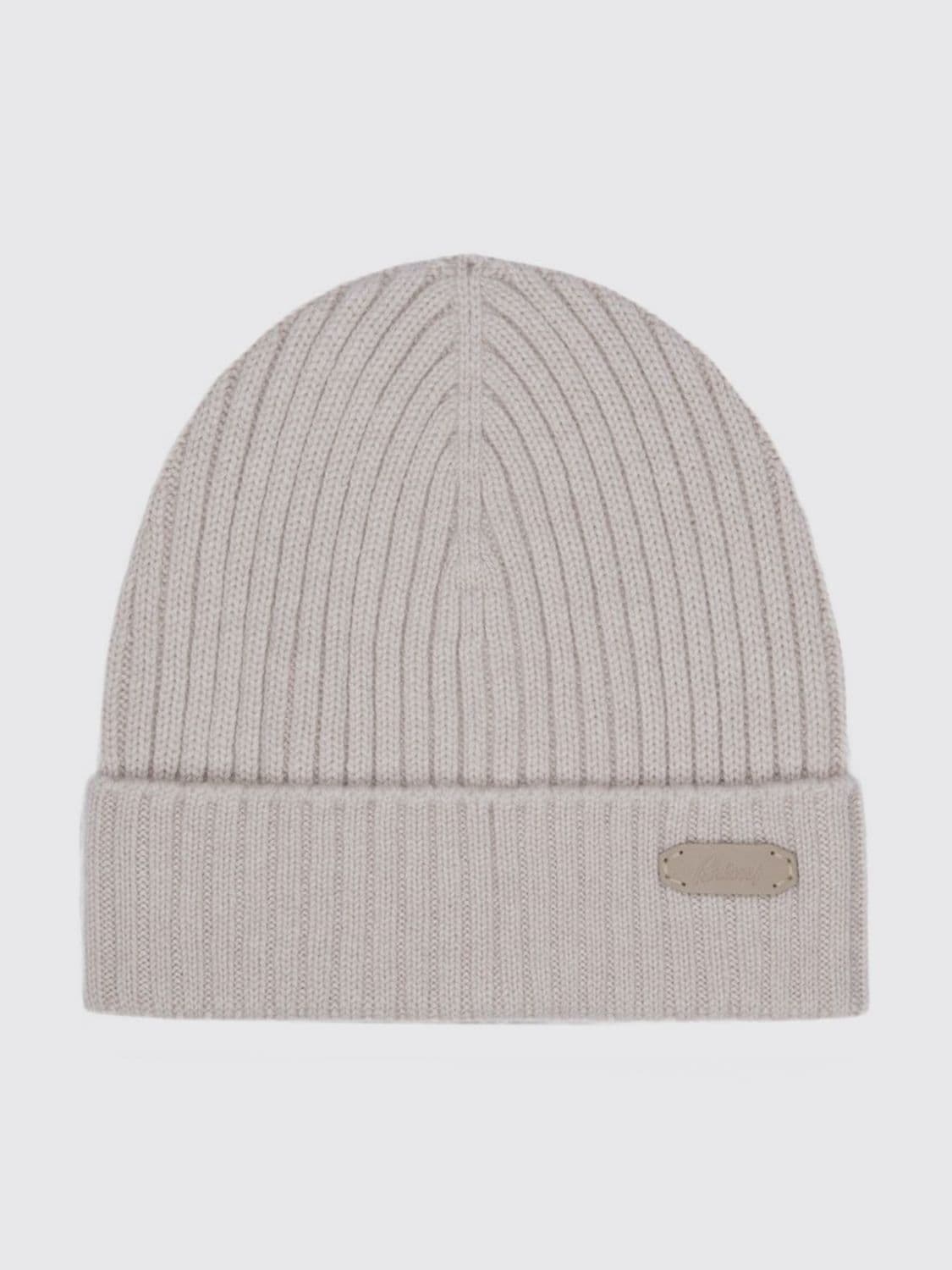 Brioni Ribbed 100% Cashmere Beanie with Cuff and Applied Logo