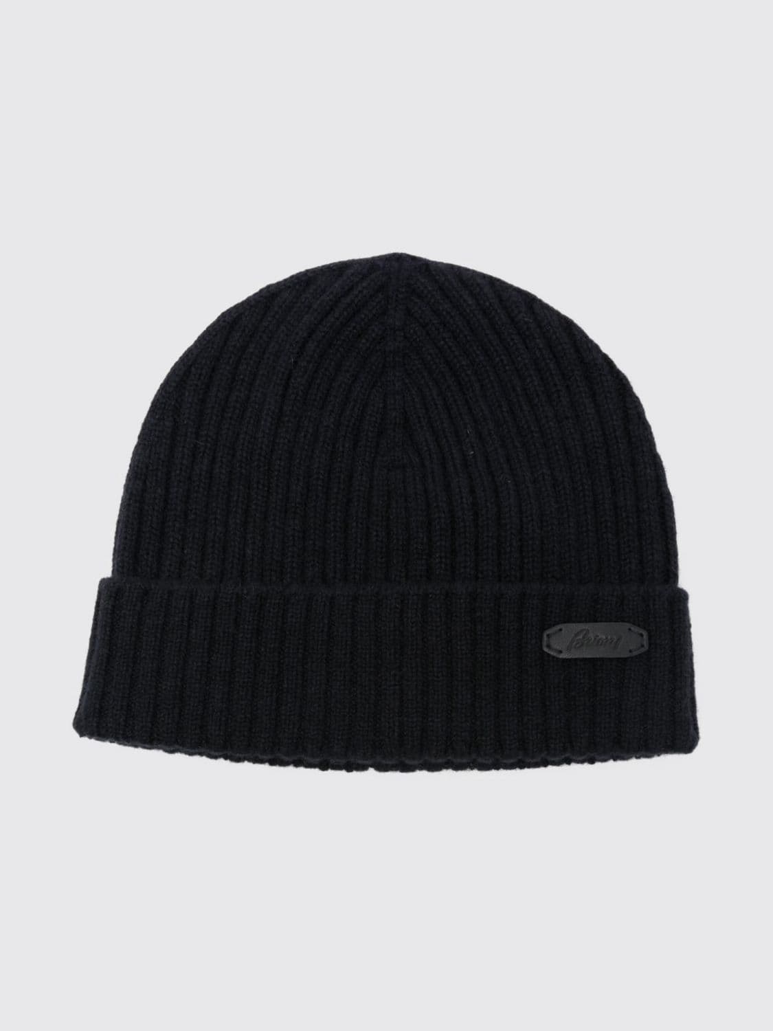 Brioni Ribbed 100% Cashmere Beanie with Cuff and Applied Logo