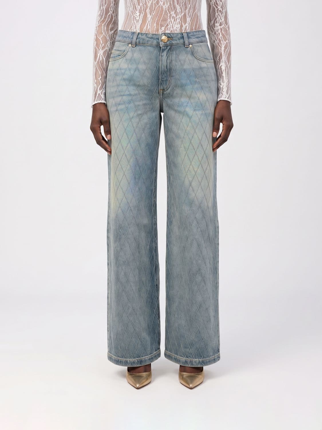Balmain High-Waisted Wide-Leg Jeans in Cotton Denim with Diamond Pattern