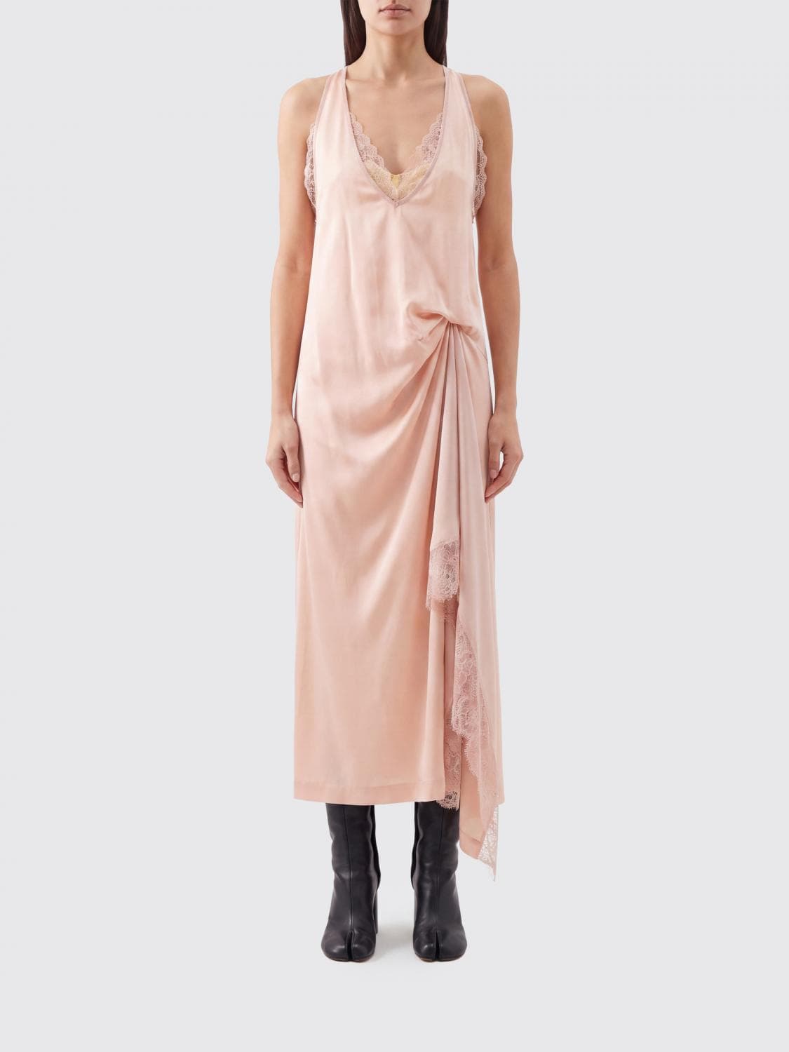 Maison Margiela Midi Slip Dress in Silk-Blend with Lace Inserts