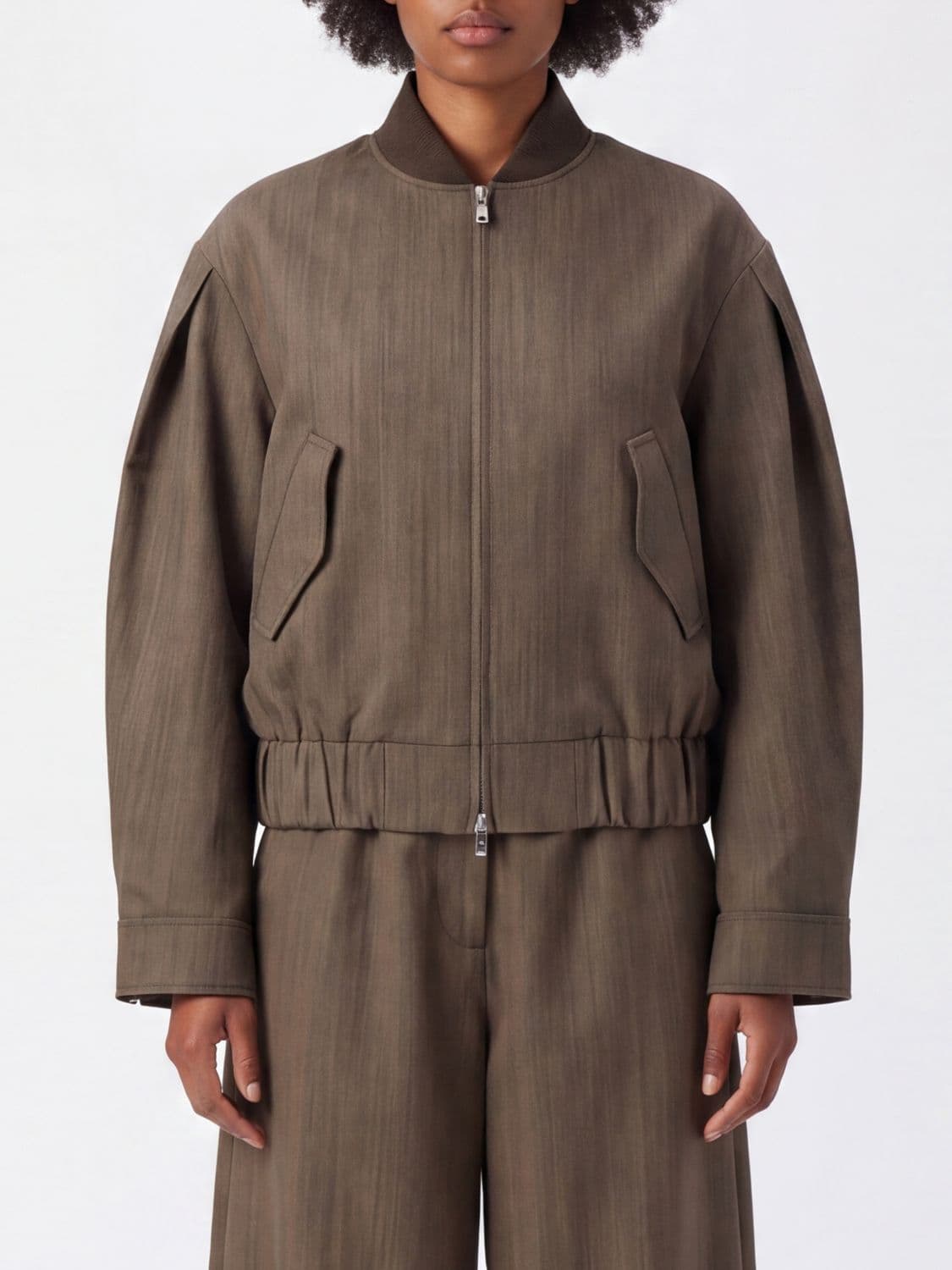 Ganni Relaxed Fit Merino Wool Cropped Bomber Jacket with Zip Closure