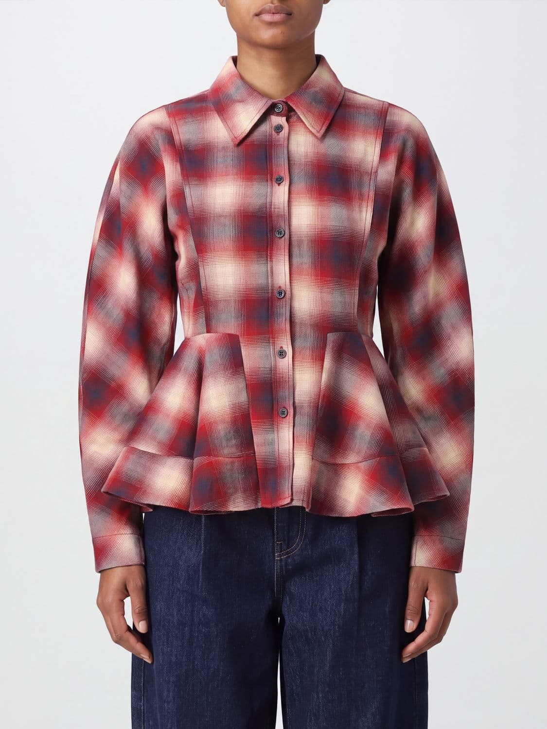 Ganni Check Cotton Flannel Shirt with Pointed Collar and Ruffles