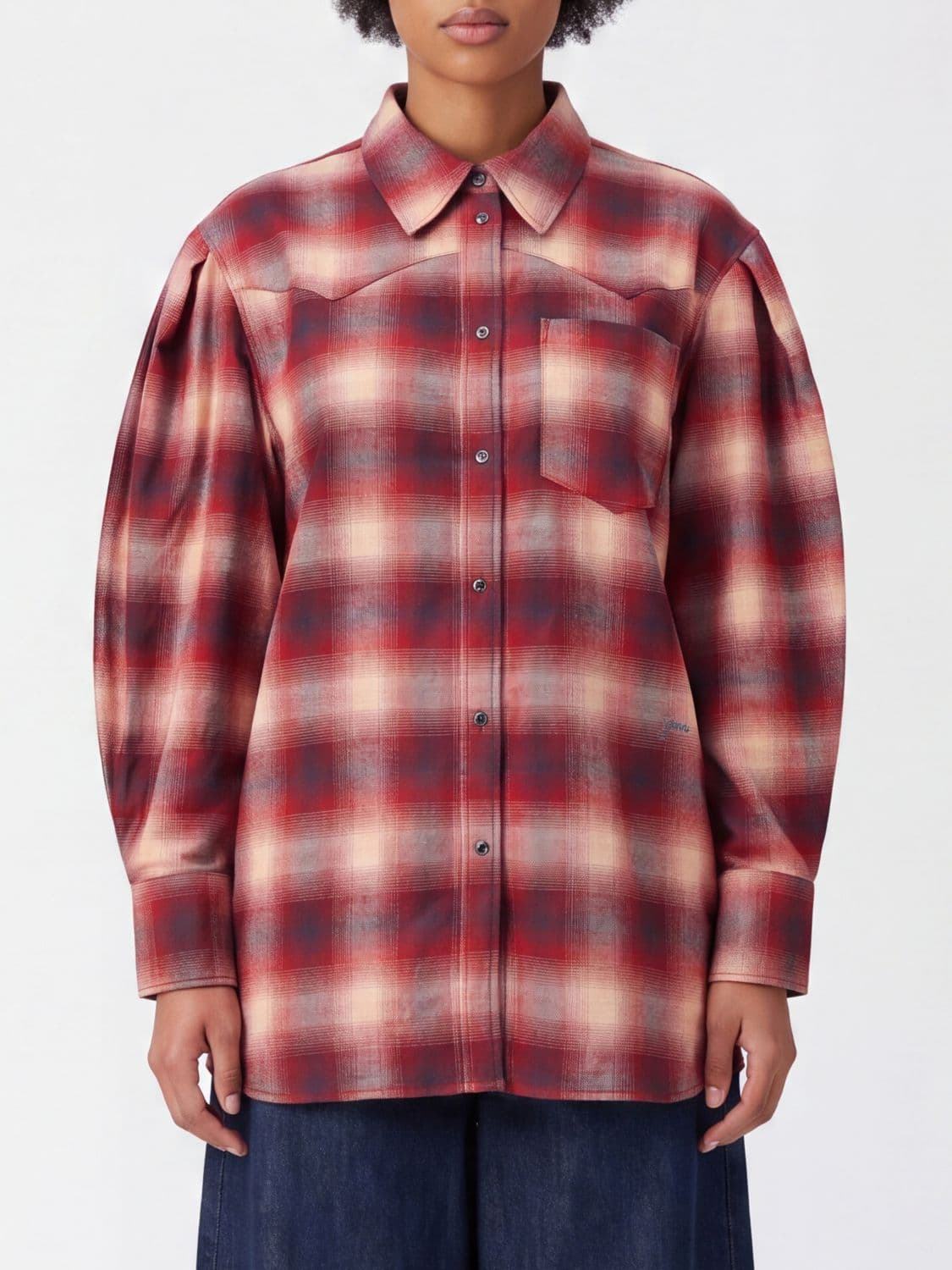 Ganni Relaxed Fit Check Cotton Flannel Shirt with Balloon Sleeves