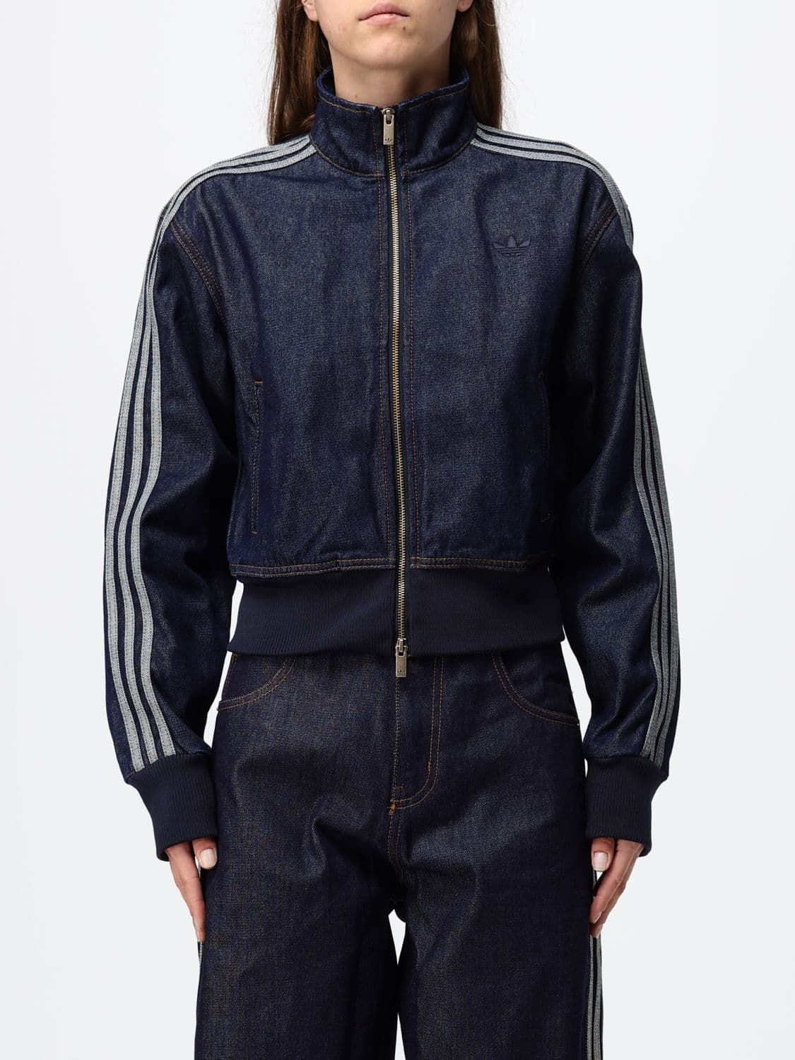 Adidas Originals Cropped Denim Bomber Jacket with 3-Stripes Logo