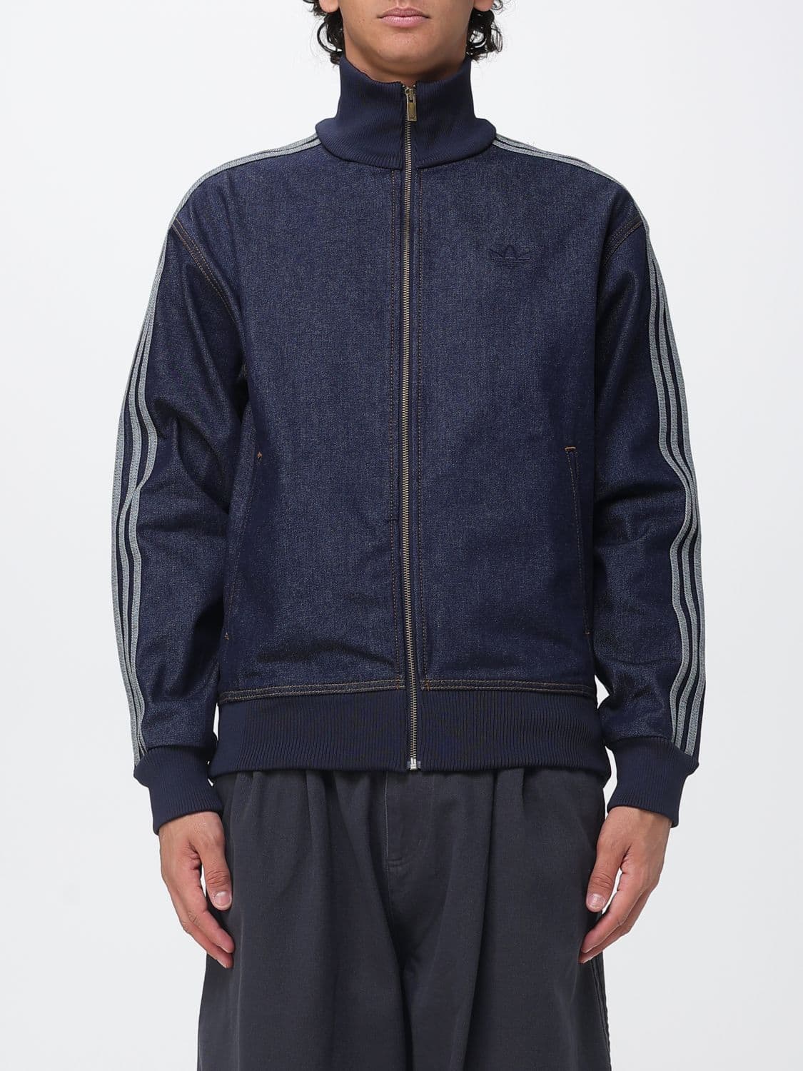 Adidas Originals Cotton Denim Zip-Up Sweatshirt with Turtleneck and 3-Stripes Logo