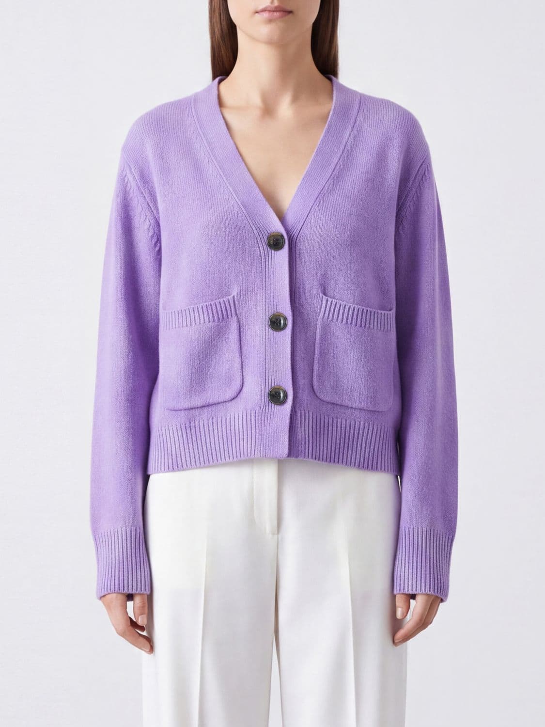 Lisa Yang 100% Cashmere V-Neck Cardigan with Ribbed Trims