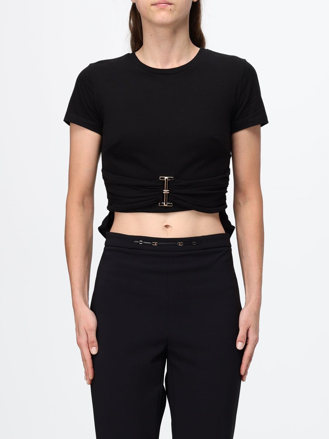 Elisabetta Franchi Cropped Cotton T-shirt with Metal Logo Plaque