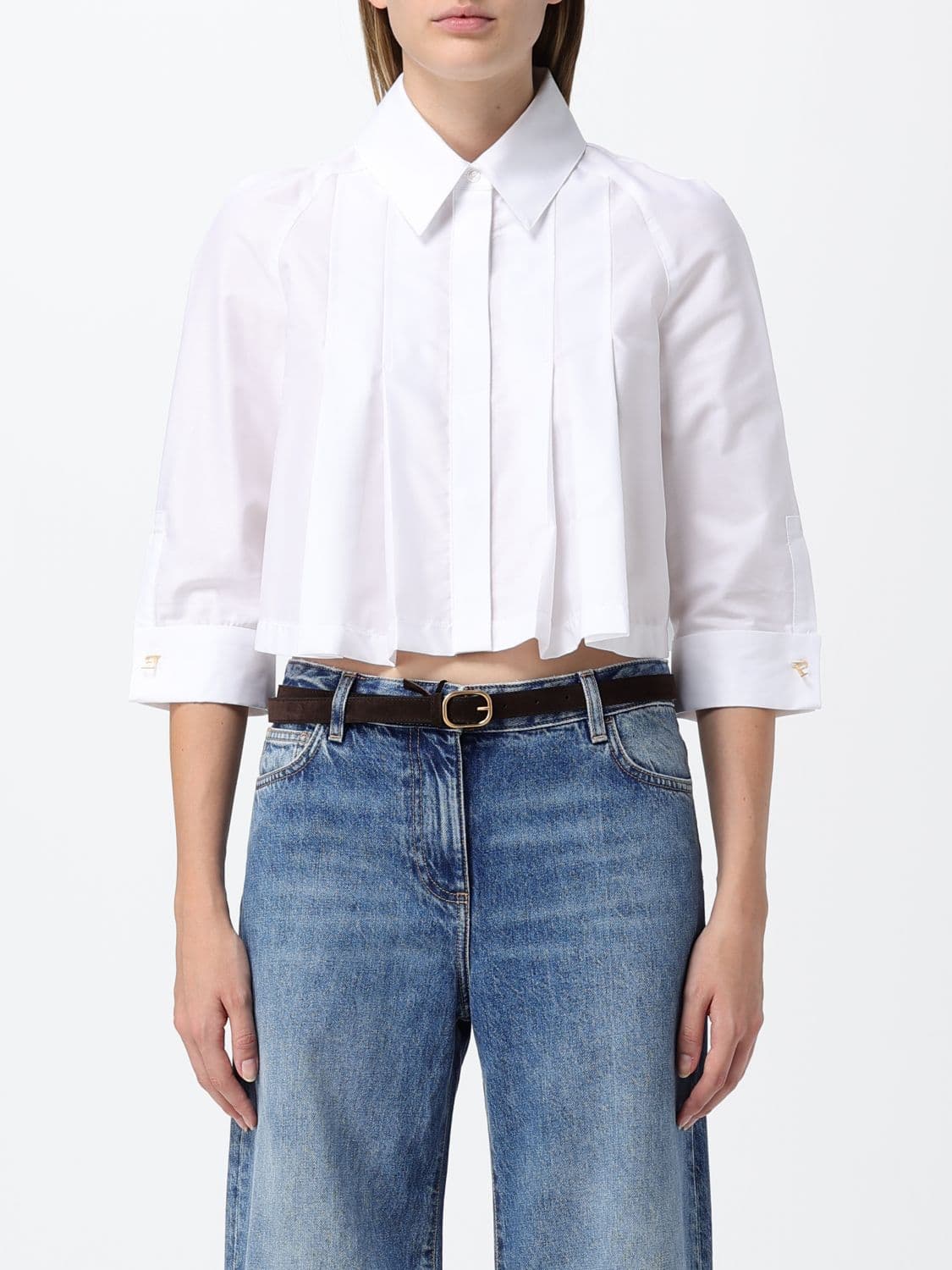 Elisabetta Franchi Pleated Cropped Cotton Shirt with Pointed Collar