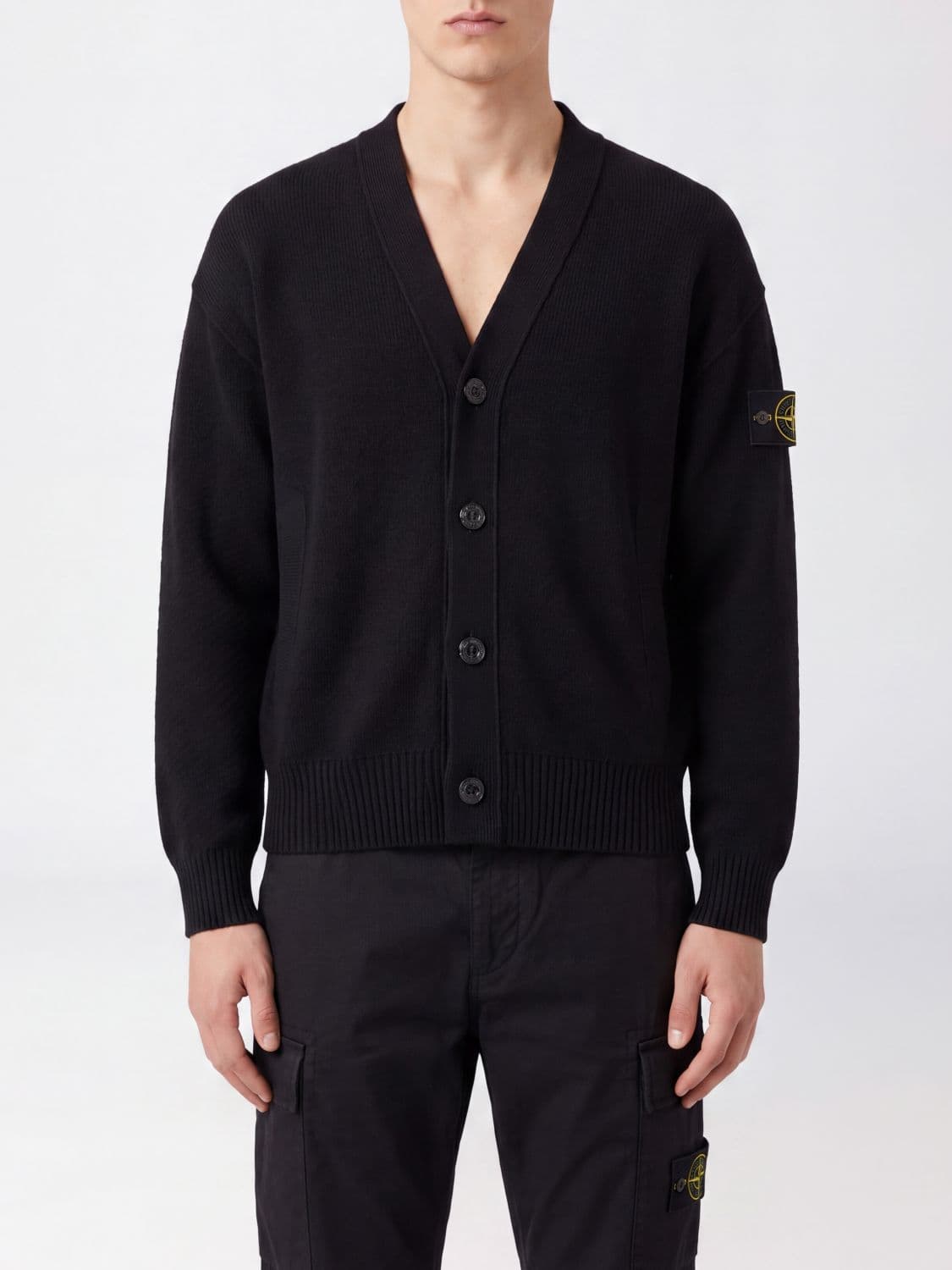 Stone Island V-Neck Cardigan in Pure Virgin Wool with Compass Logo
