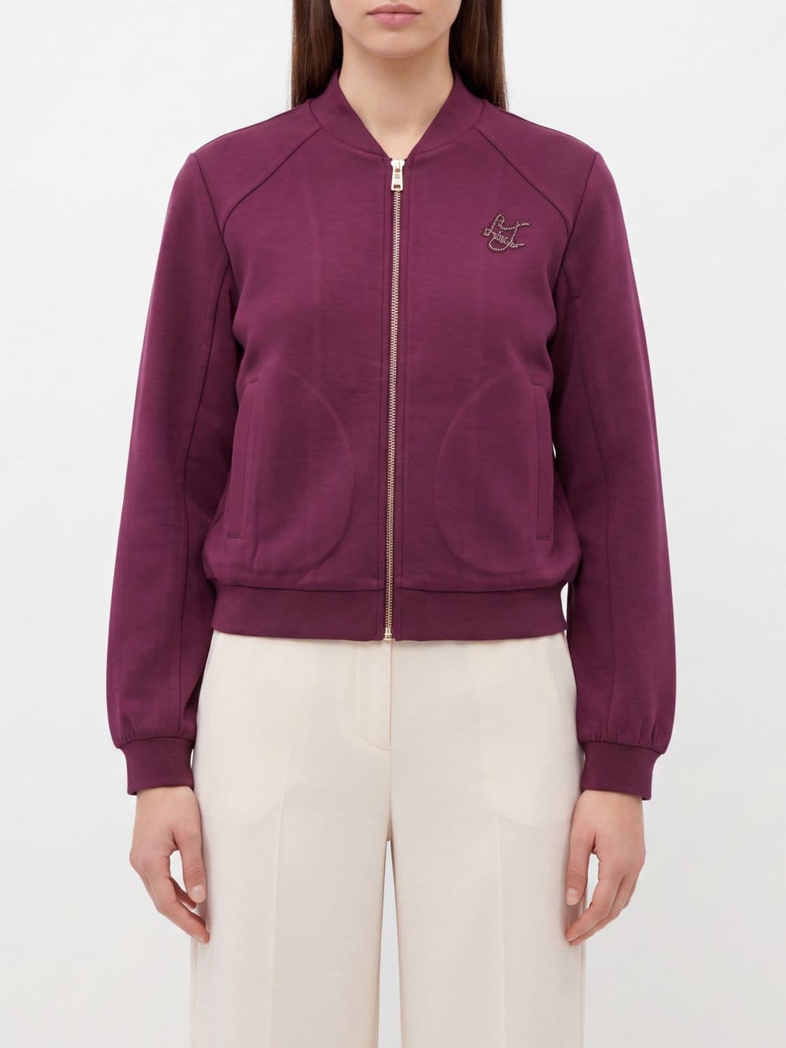 Liu Jo Zip-Up Cotton Blend Sweatshirt with Rhinestone Logo