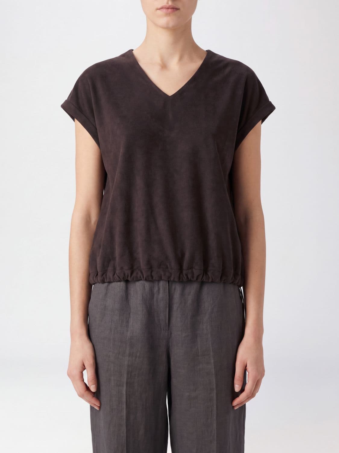 Herno Wool-Blend V-Neck Top with Ruffles and Drawstring Hem