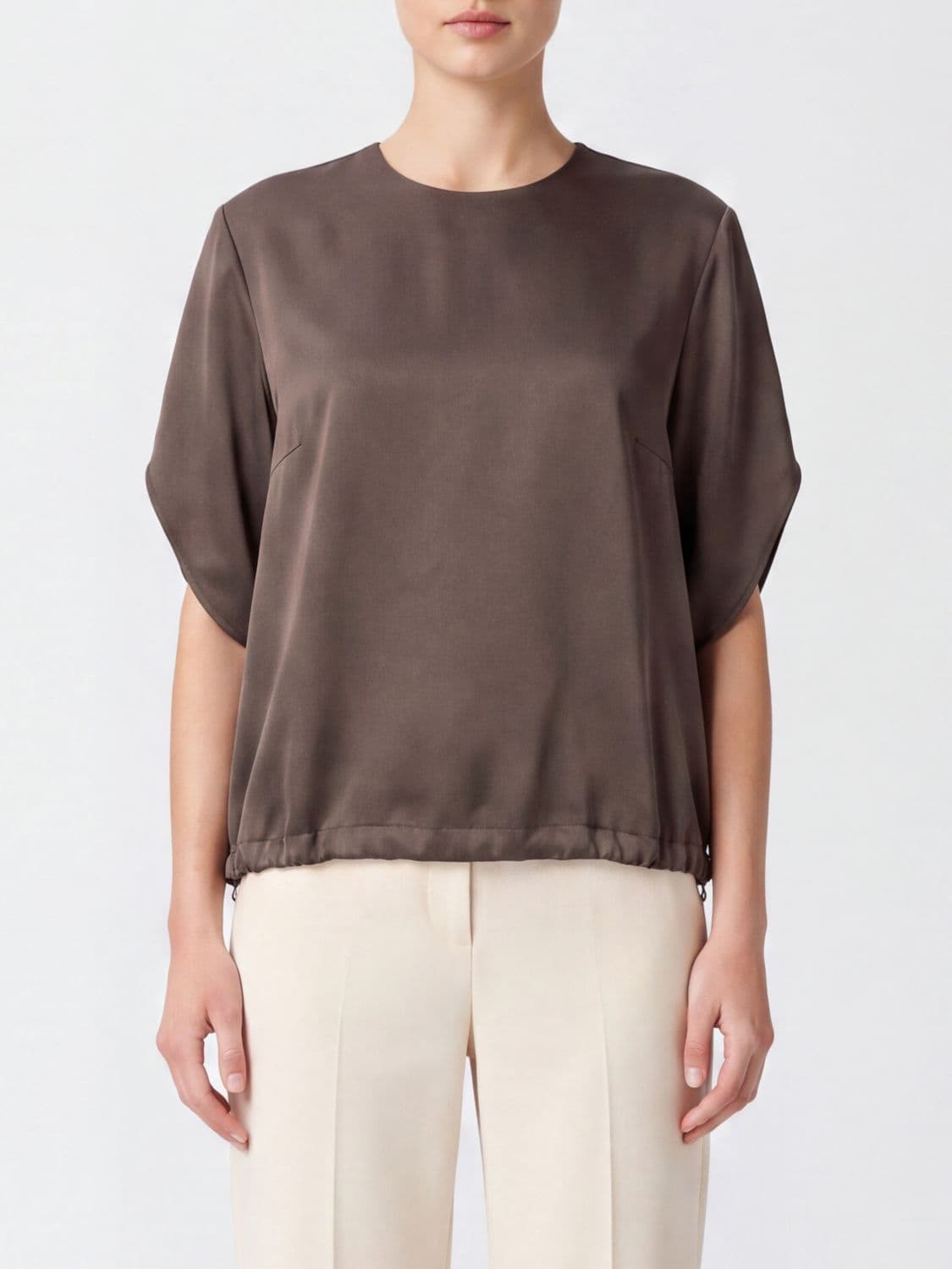 Herno Satin Blouse with Short Sleeves, Dropped Shoulders and Drawstring Hem