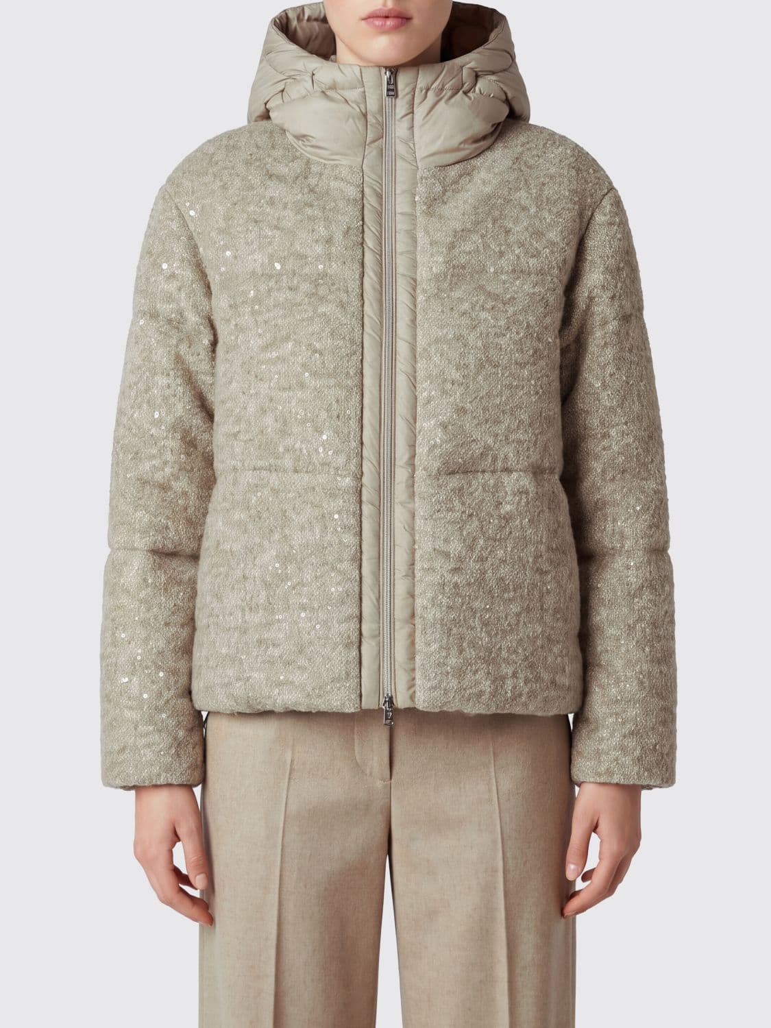 Herno Short Hooded Down Jacket in Wool and Alpaca Bouclé with Sequins