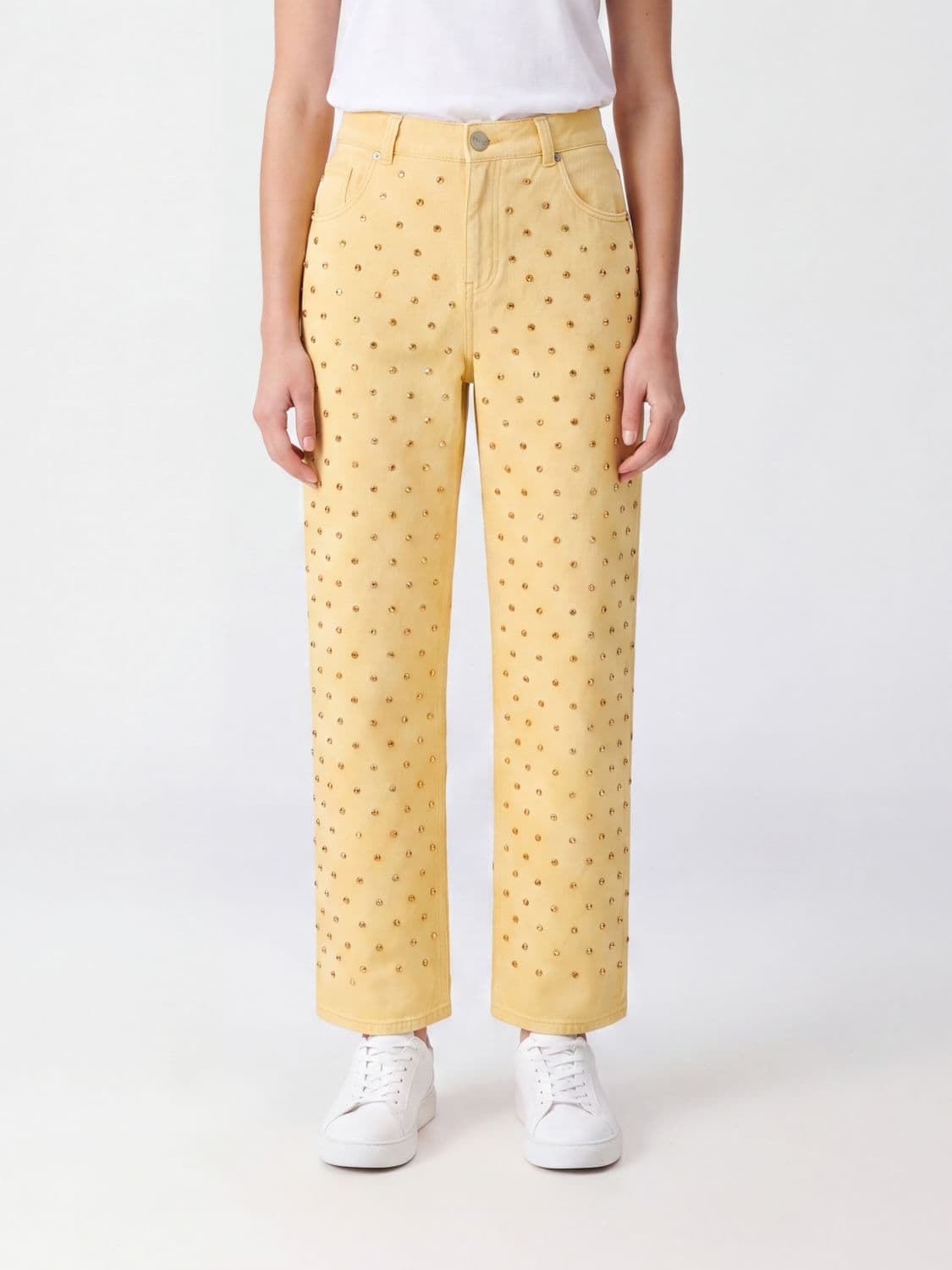 Pinko 5-Pocket Straight-Leg Cotton Trousers with Rhinestone Embellishment