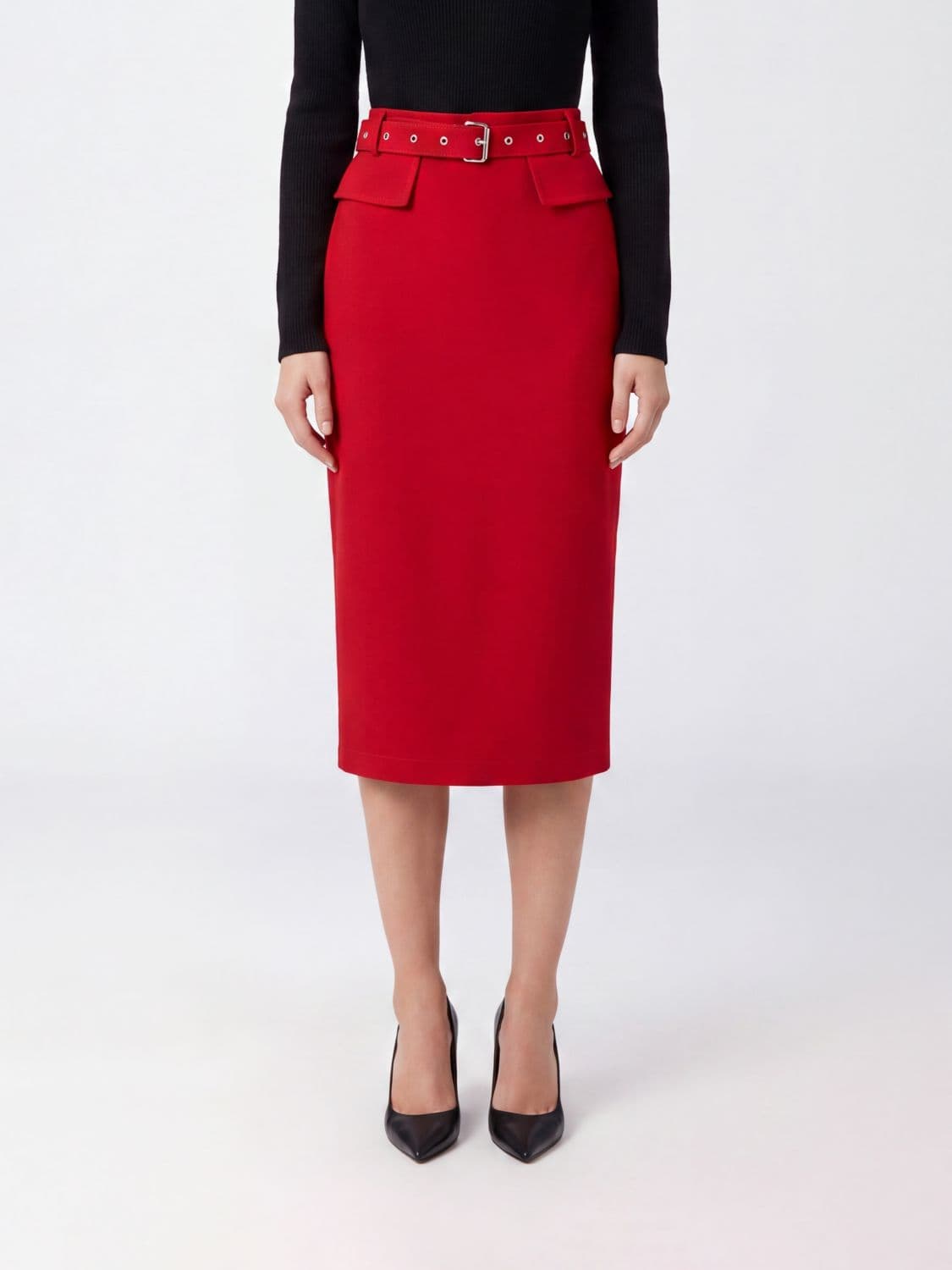 Pinko High-Waisted Cady Pencil Midi Skirt with Back Slit