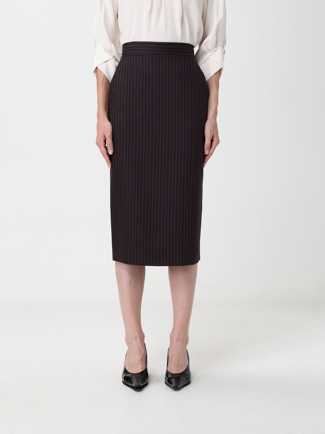 Elisabetta Franchi High-Waisted Pinstripe Cool Wool Pencil Midi Skirt