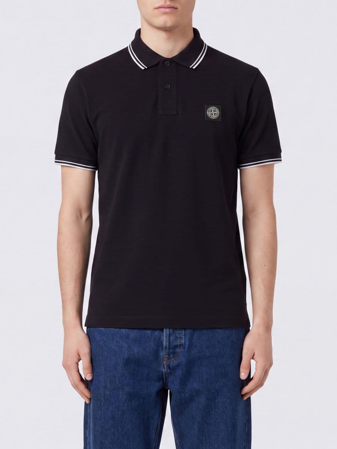 Stone Island Cotton Polo Shirt with Compass Logo and Contrast Striped Collar