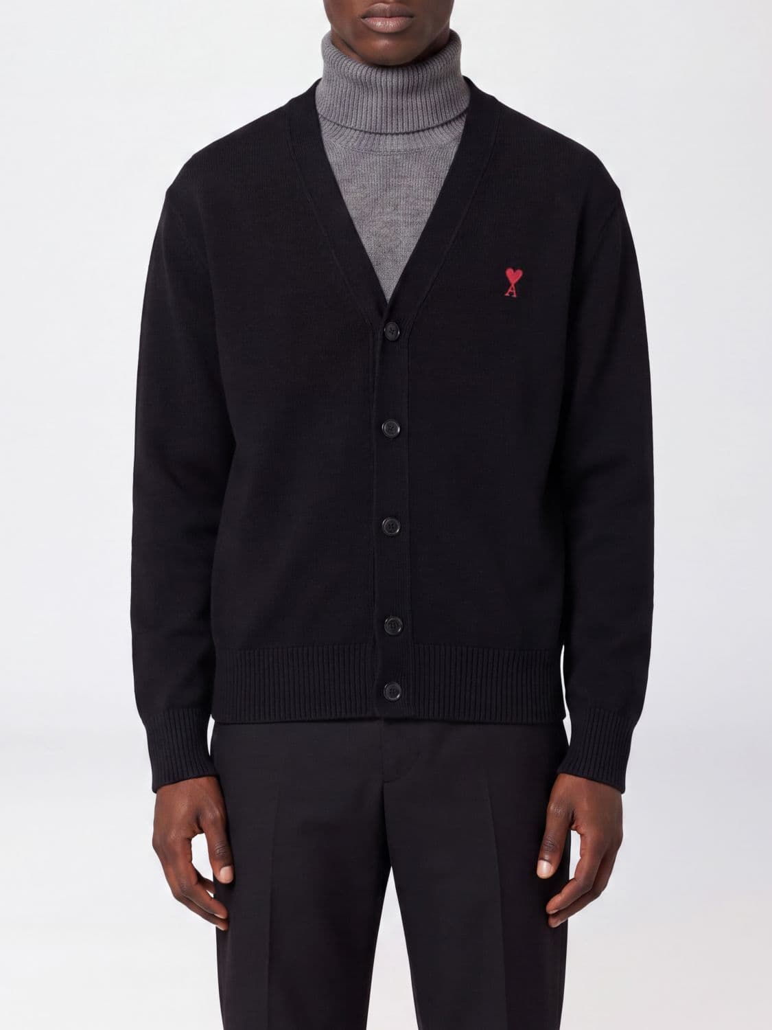 Ami Paris V-Neck Wool Cardigan with Contrast Embroidered Logo