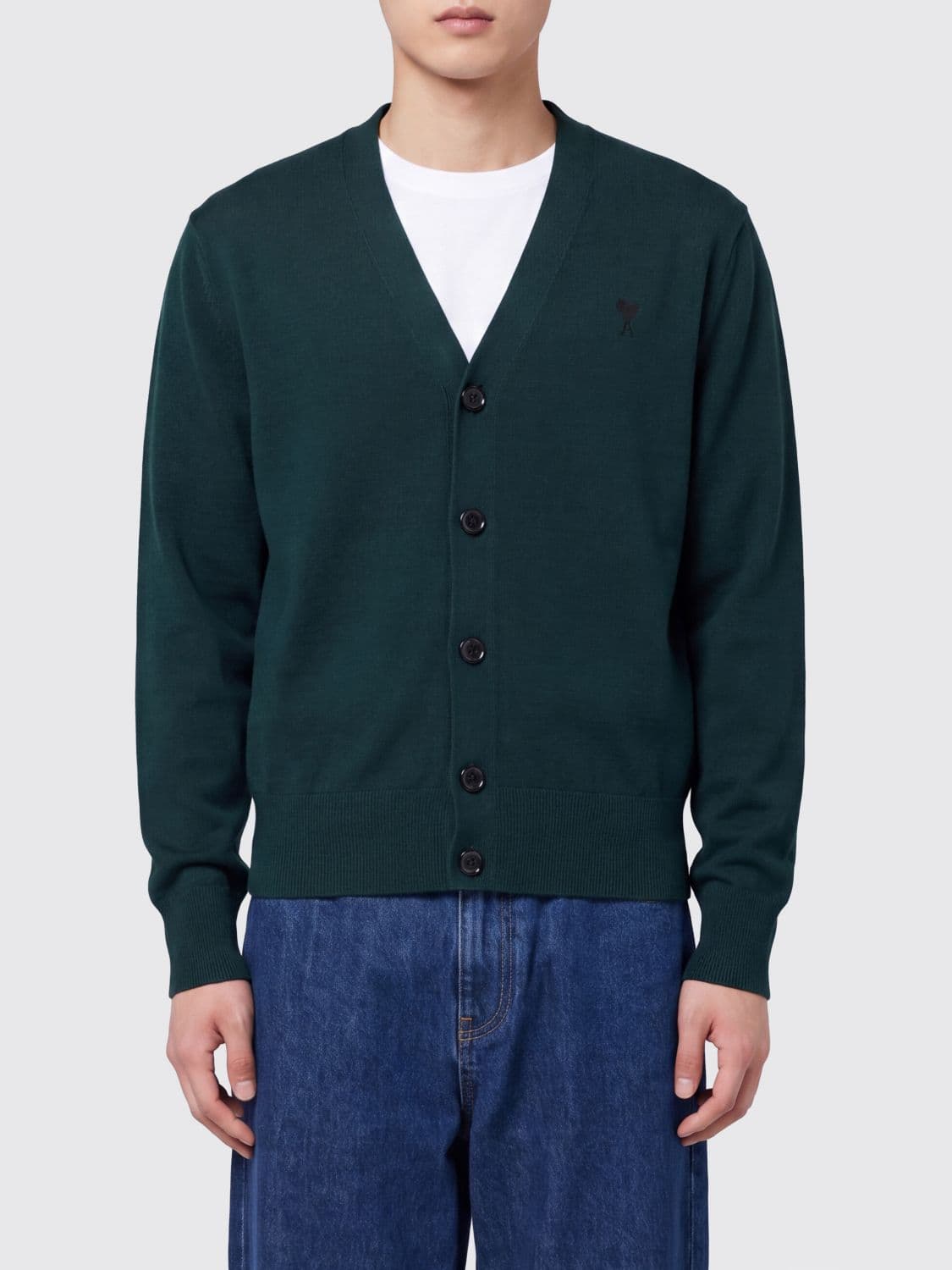 Ami Paris V-Neck Wool Cardigan with Contrast Embroidered Logo