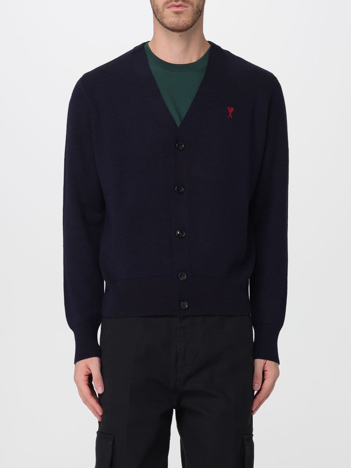 Ami Paris V-Neck Wool Cardigan with Contrast Embroidered Logo