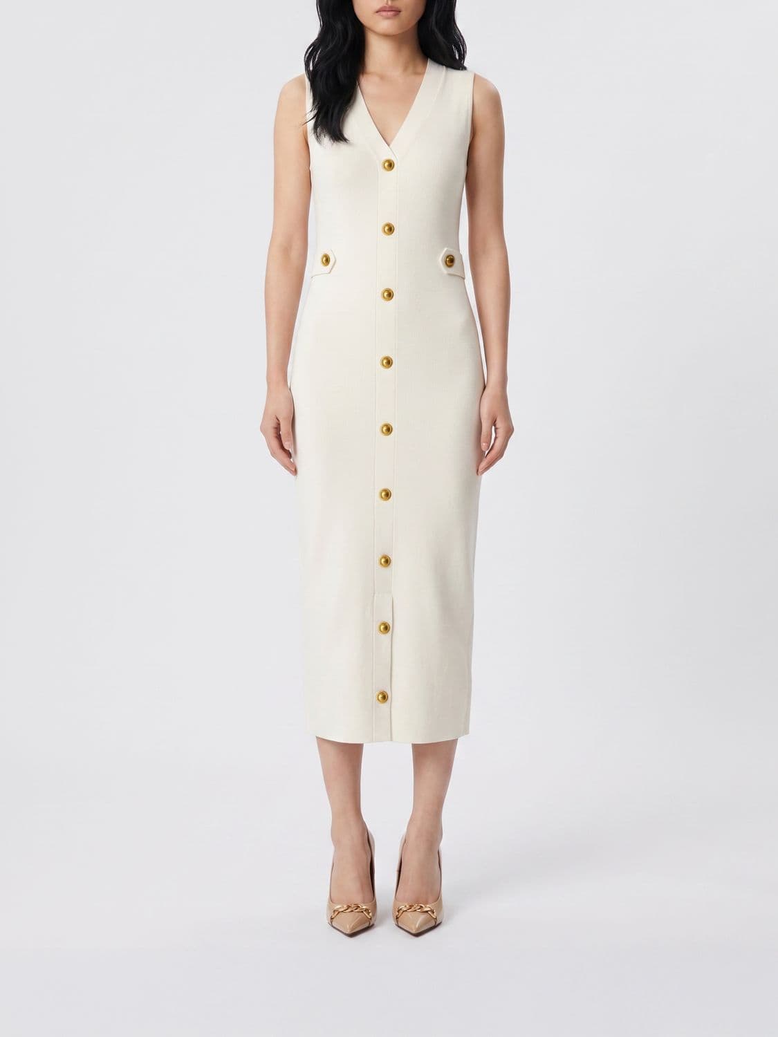 Michael Kors Off-the-Shoulder Ribbed Knit V-Neck Midi Sheath Dress