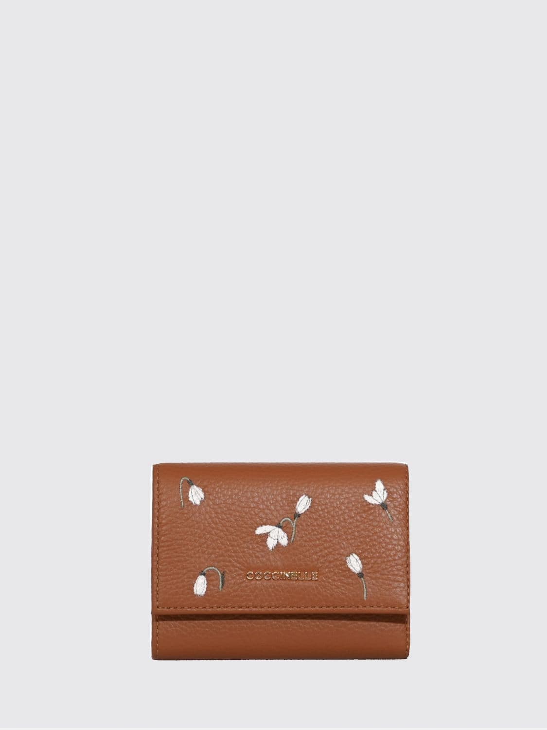 Coccinelle Tri-Fold Wallet in Grained Leather with Floral Embroidery · OS