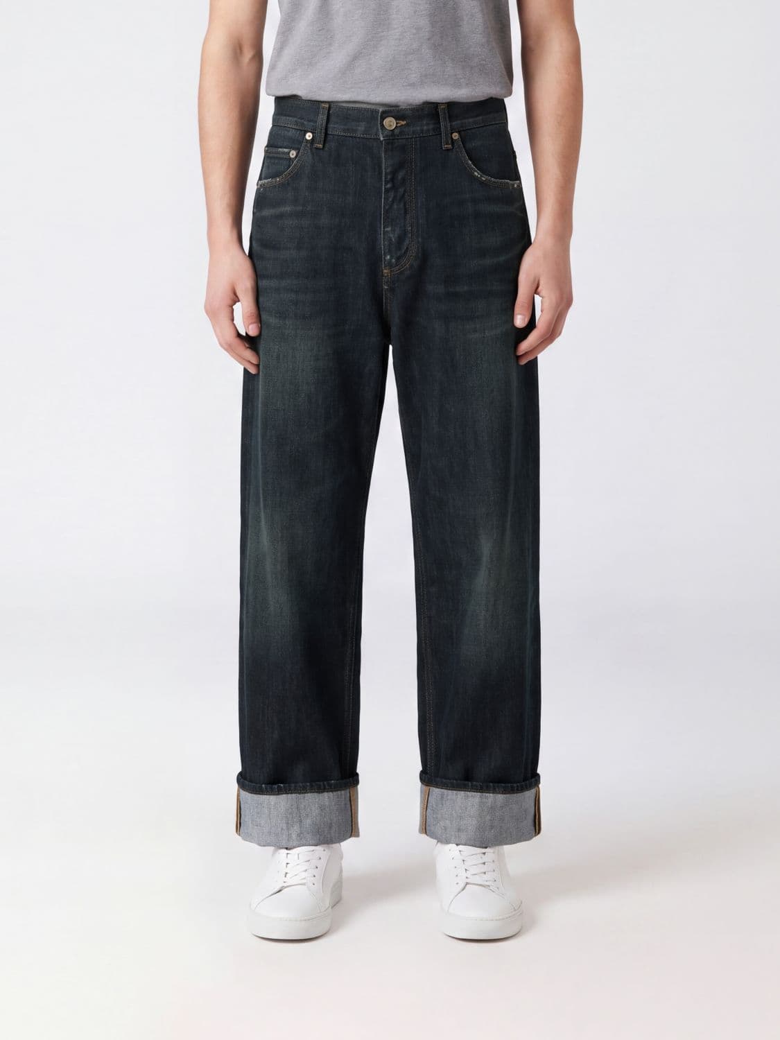 Dolce & Gabbana Wide-Leg Cotton Denim Jeans with Cuffs and Logo
