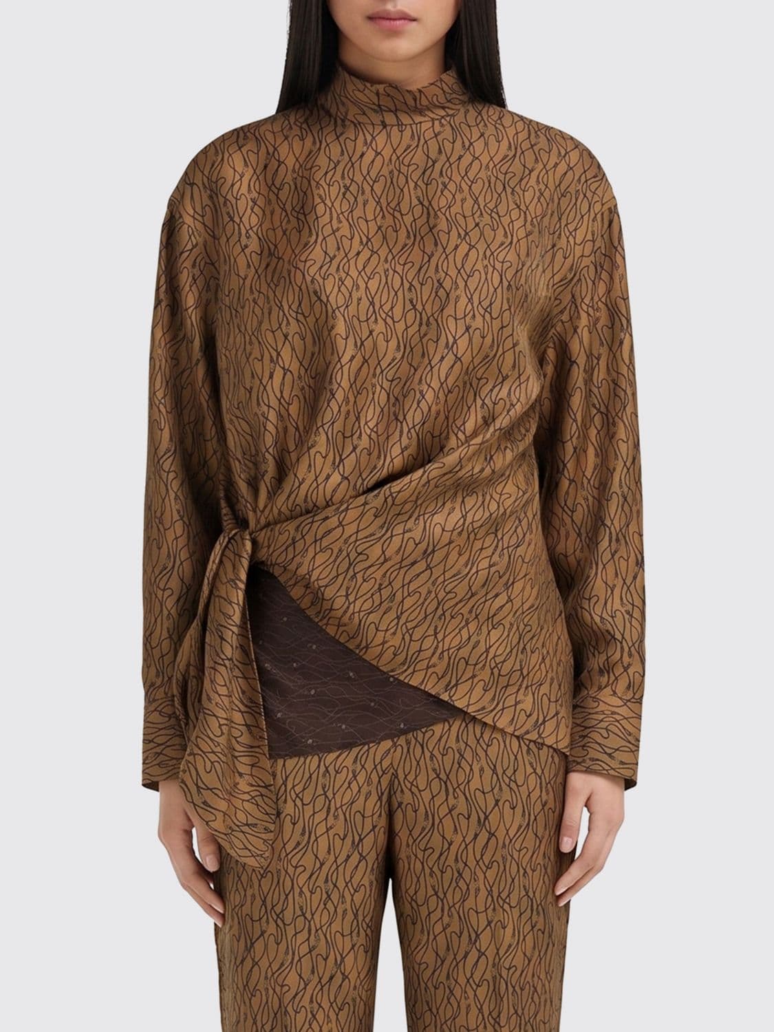 Ferragamo Draped Silk Blouse with Abstract Print and Mock Neck