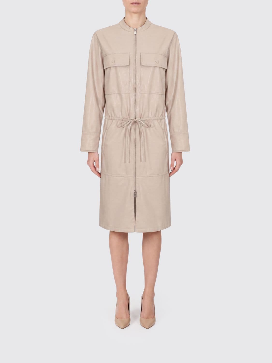 Pinko Faux Leather Midi Shirtdress with Zip and Drawstring Waist