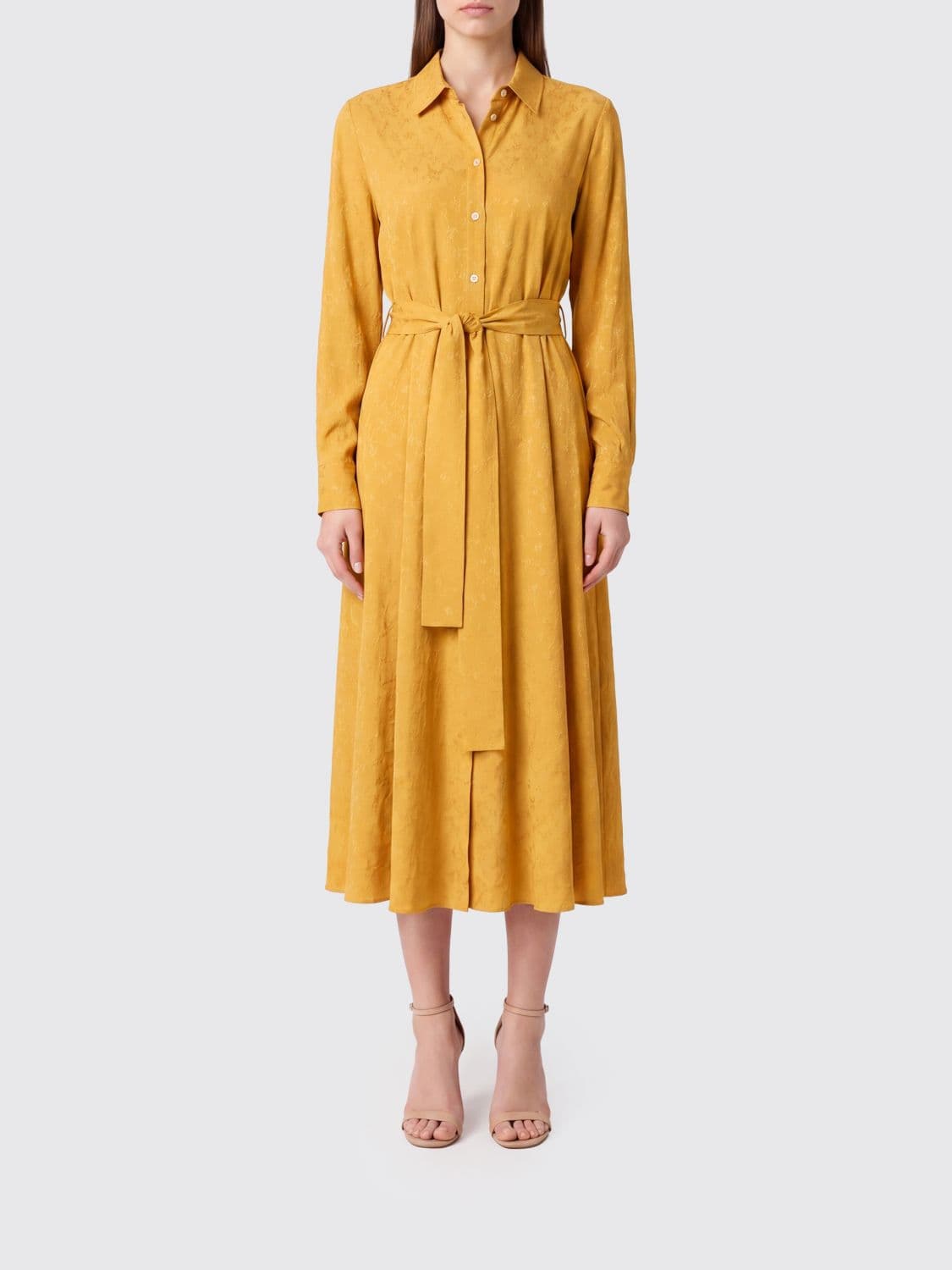 Pinko Floral Print Midi Shirtdress in Viscose with a Tie-Waist Belt