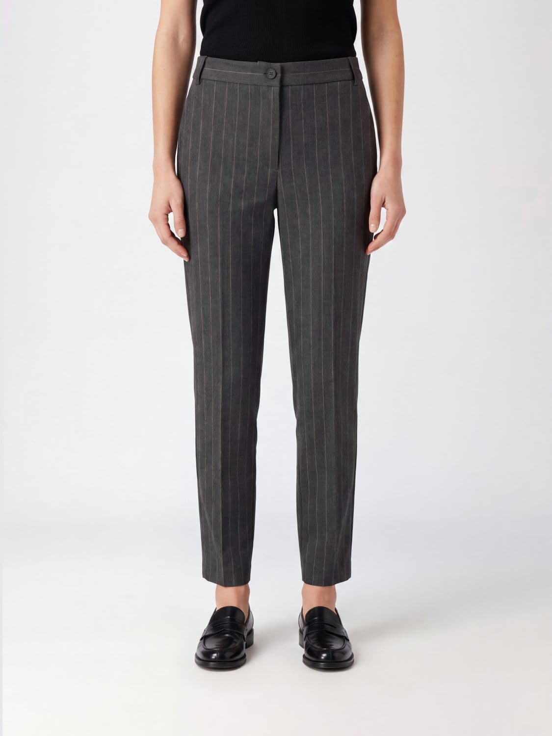 Pinko Pinstriped Slim Fit Chino Trousers in Wool Blend with Mid-Rise