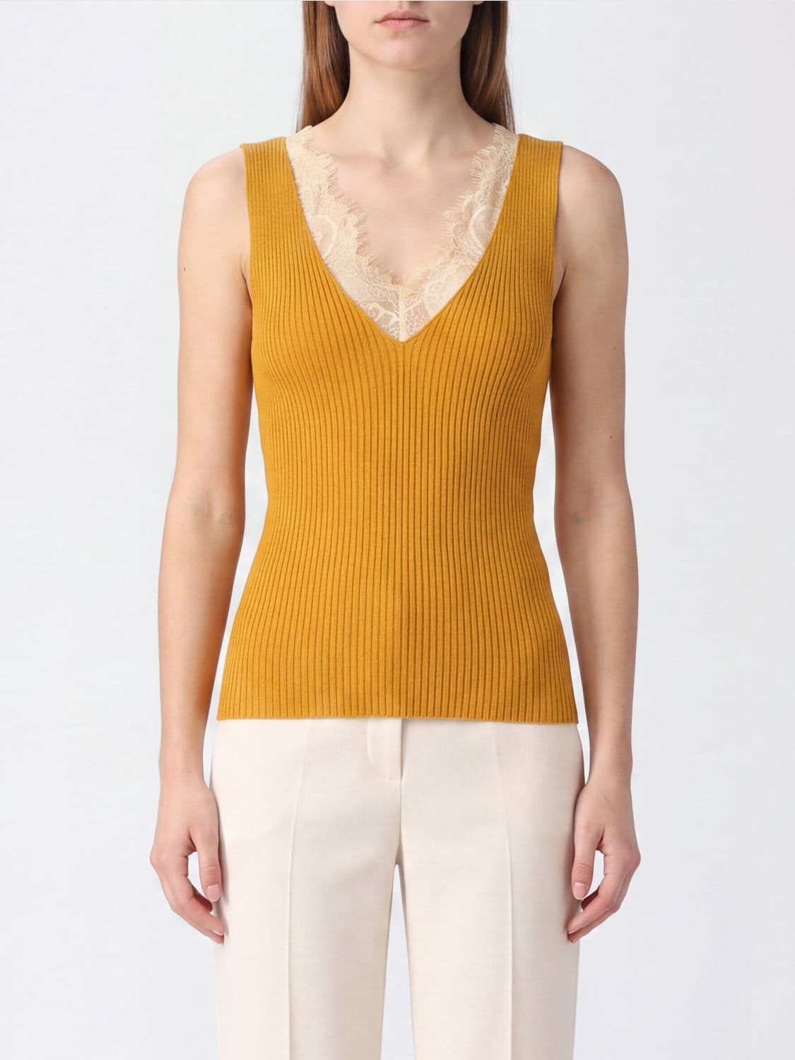 Pinko Ribbed Knit Top in Wool and Cashmere Blend with Lace Inserts