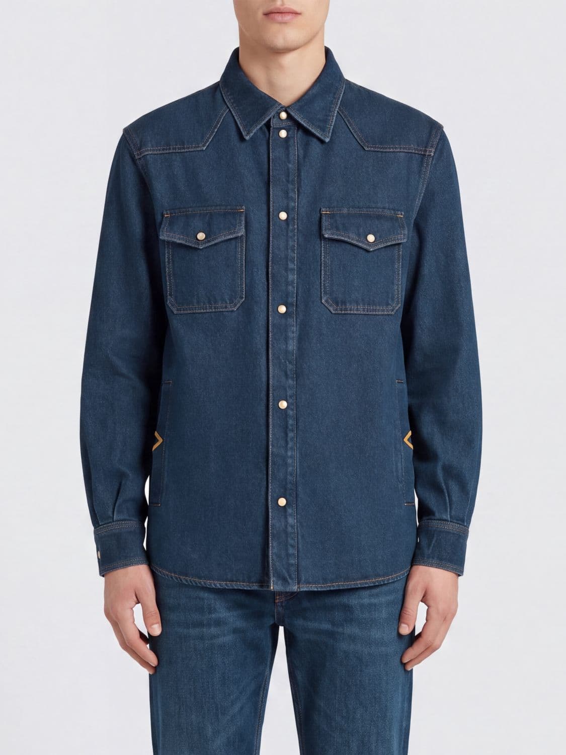 Valentino Garavani Slim Fit Cotton Denim Shirt with Metallic Logo