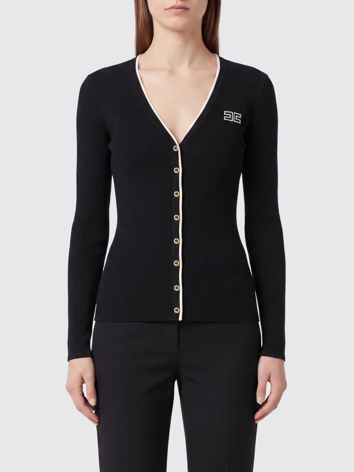 Elisabetta Franchi Slim Fit Wool Cardigan with Contrast Trim and Logo
