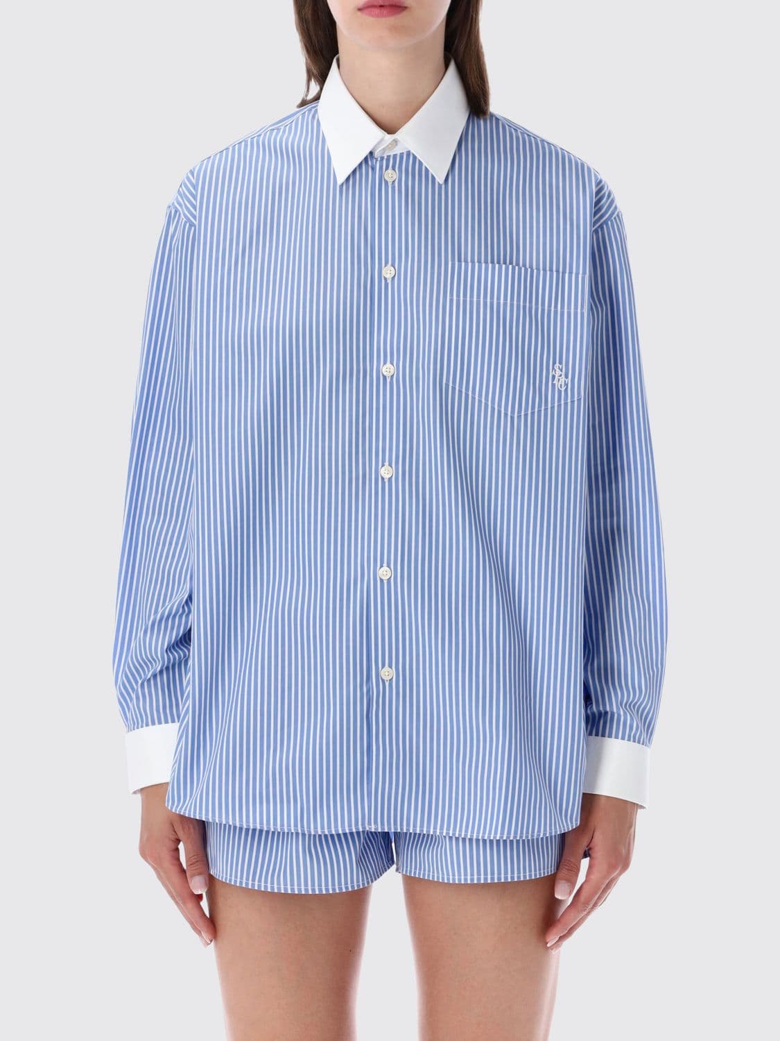 Sporty & Rich Oversized Striped Cotton Shirt with Embroidered Logo · M