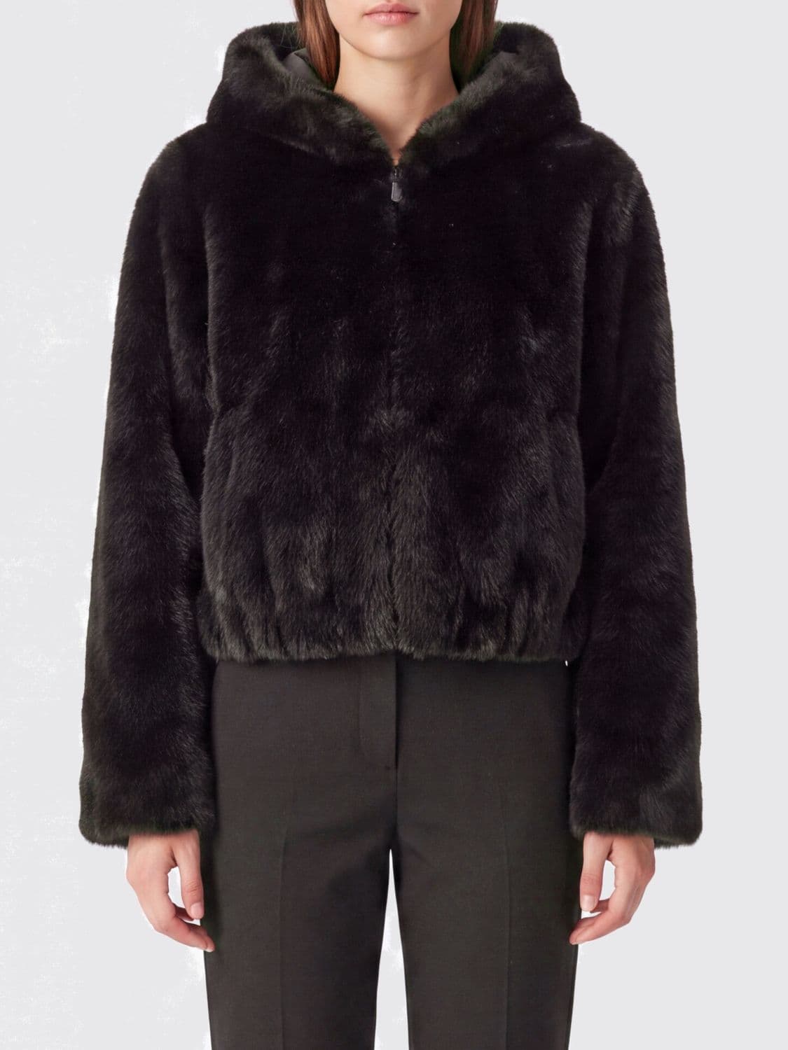 Pinko Short Faux Fur Hooded Jacket with Dropped Shoulders