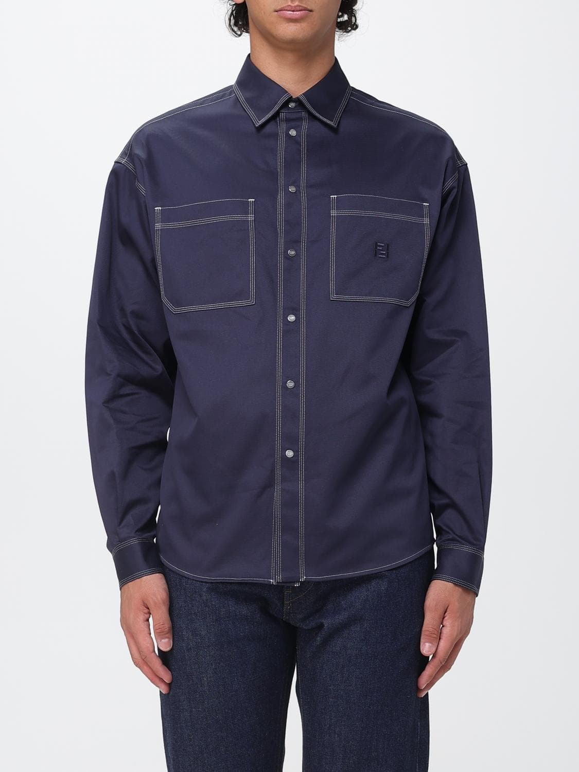 Fendi Cotton Shirt with Classic Collar and Patch Pocket