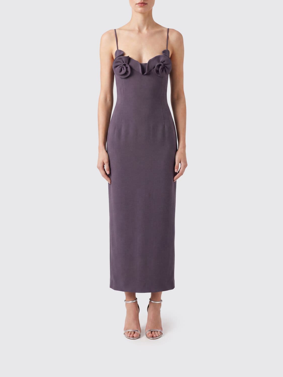 Magda Butrym Wool Midi Sheath Dress with Flower Appliqué and Off-Shoulder Design