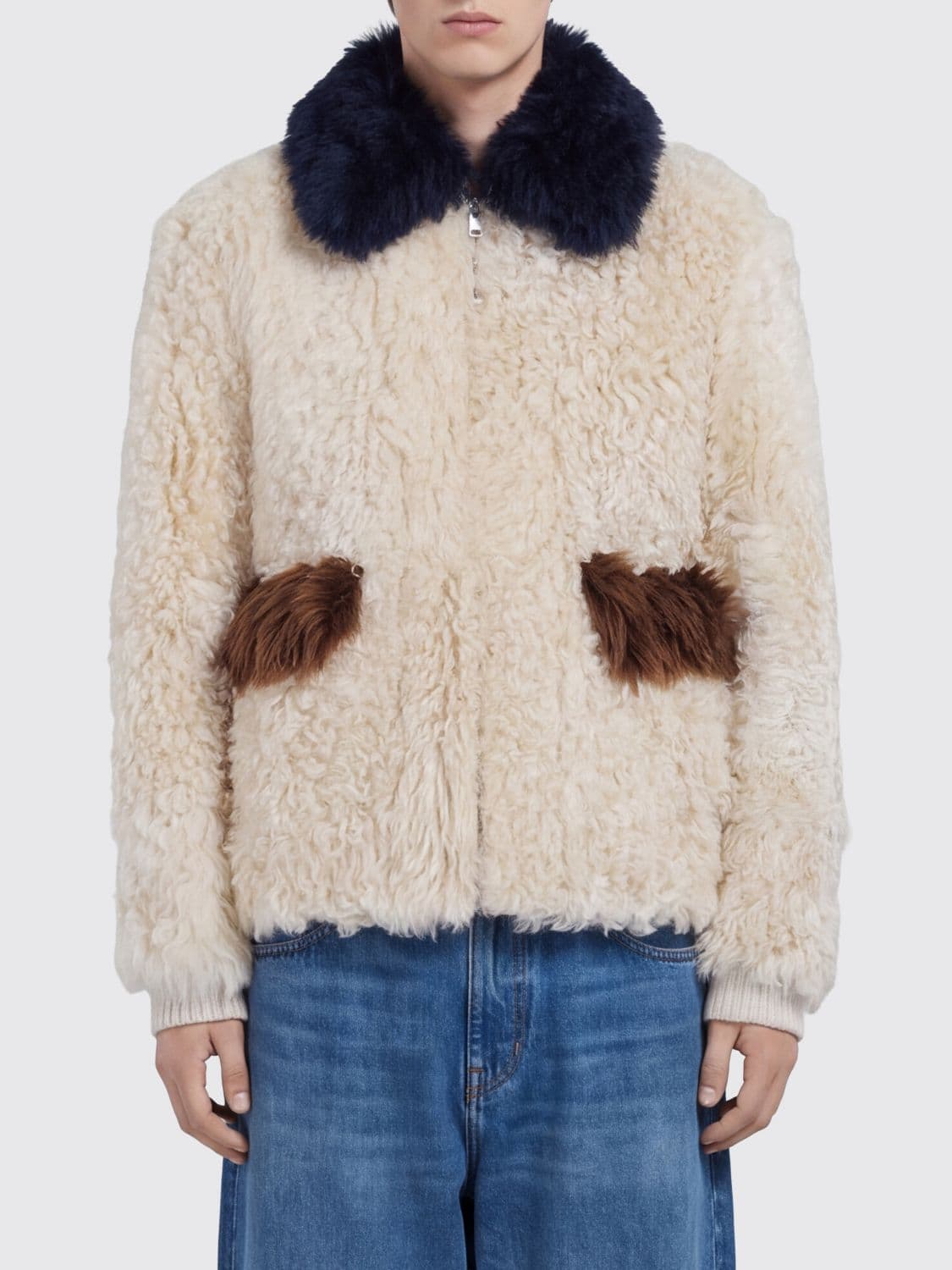 Marni Bicolor Abstract Pattern Short Shearling Coat