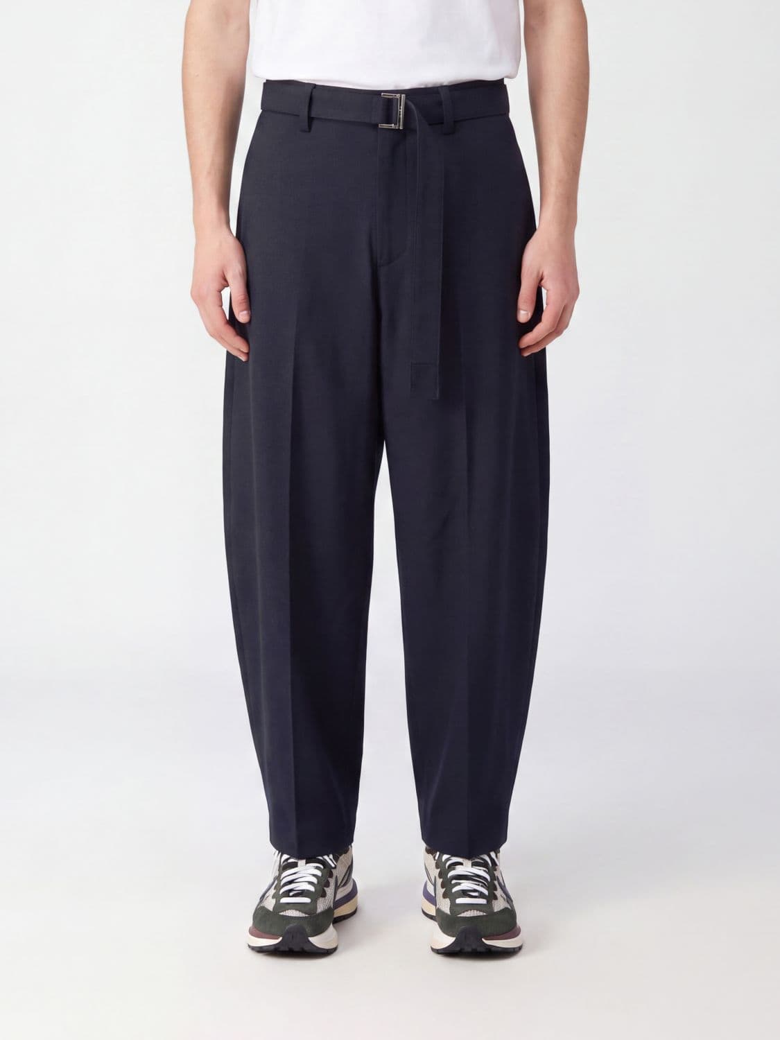 Sacai Wide-Leg Wool Blend Trousers with Adjustable Waist Belt