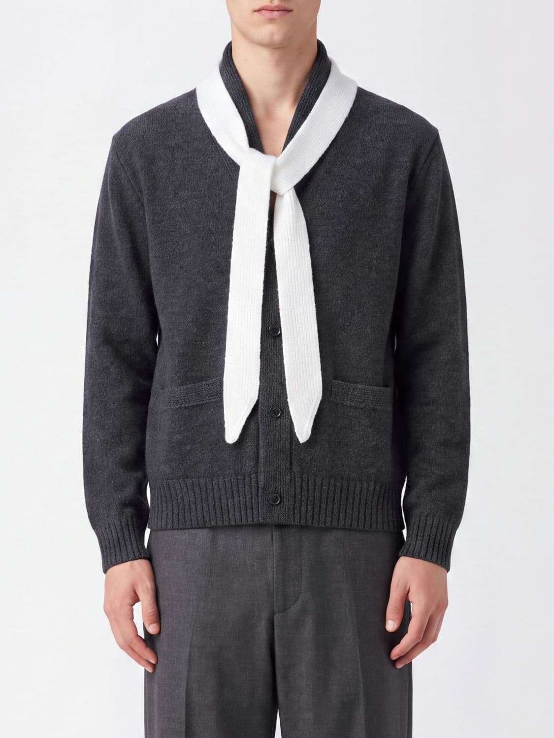 Sacai Pure Wool Cardigan with Scarf Neck and Patch Pockets