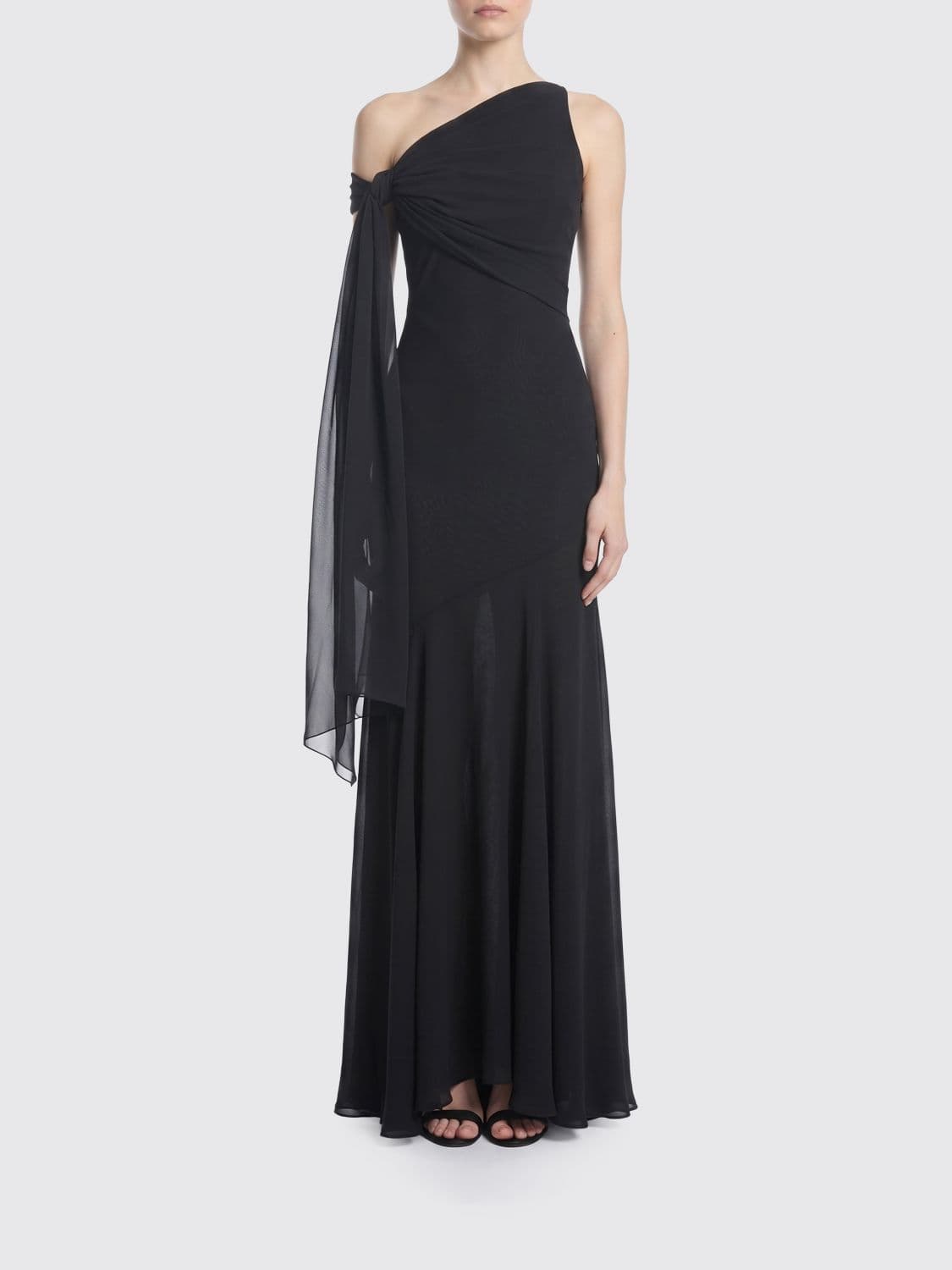 Collini Milano 1937 Desirée One-Shoulder Flared Silk Long Evening Gown