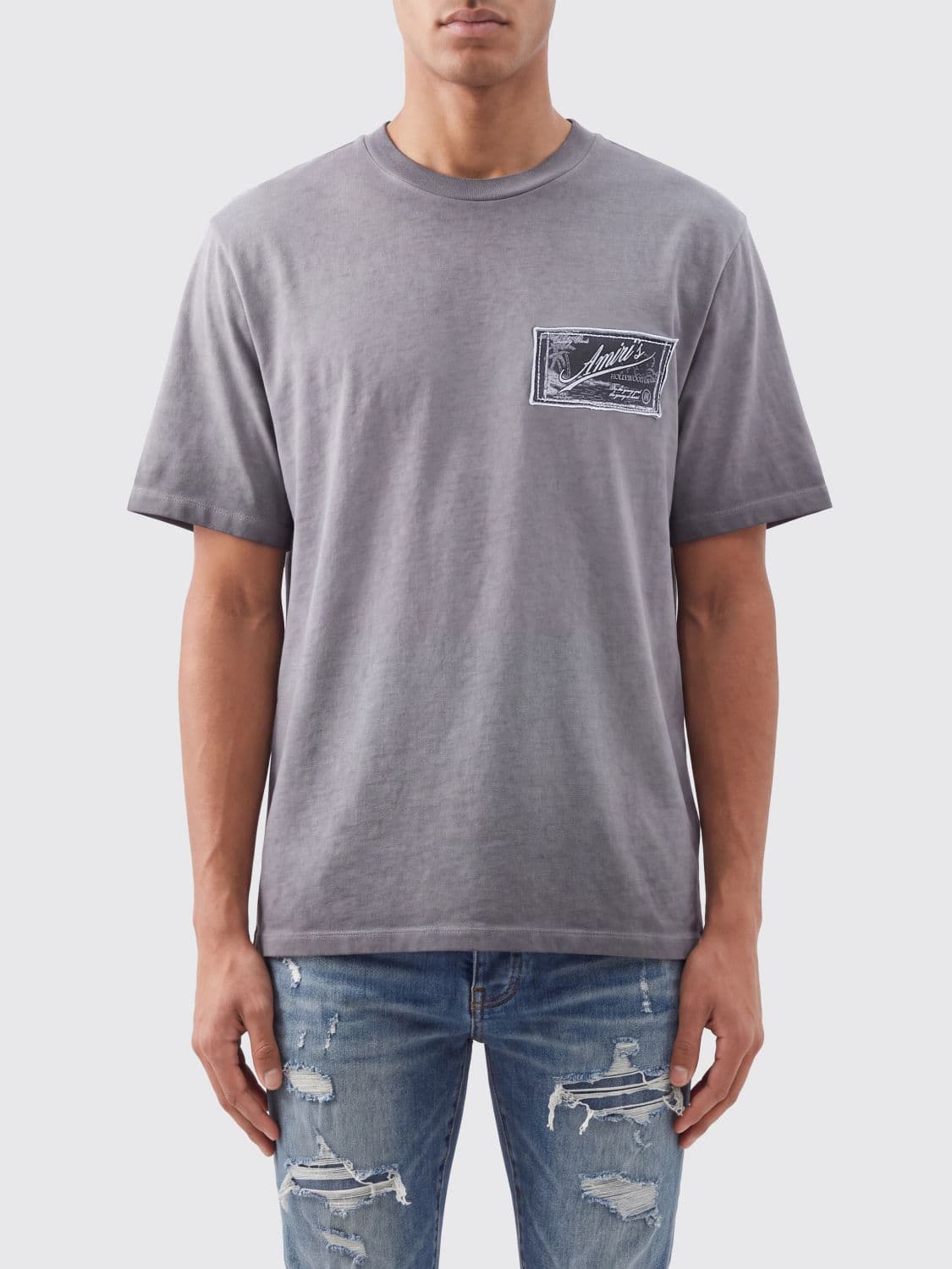 Amiri Crew Neck Cotton T-Shirt with Graphic Logo Print and Dropped Shoulders