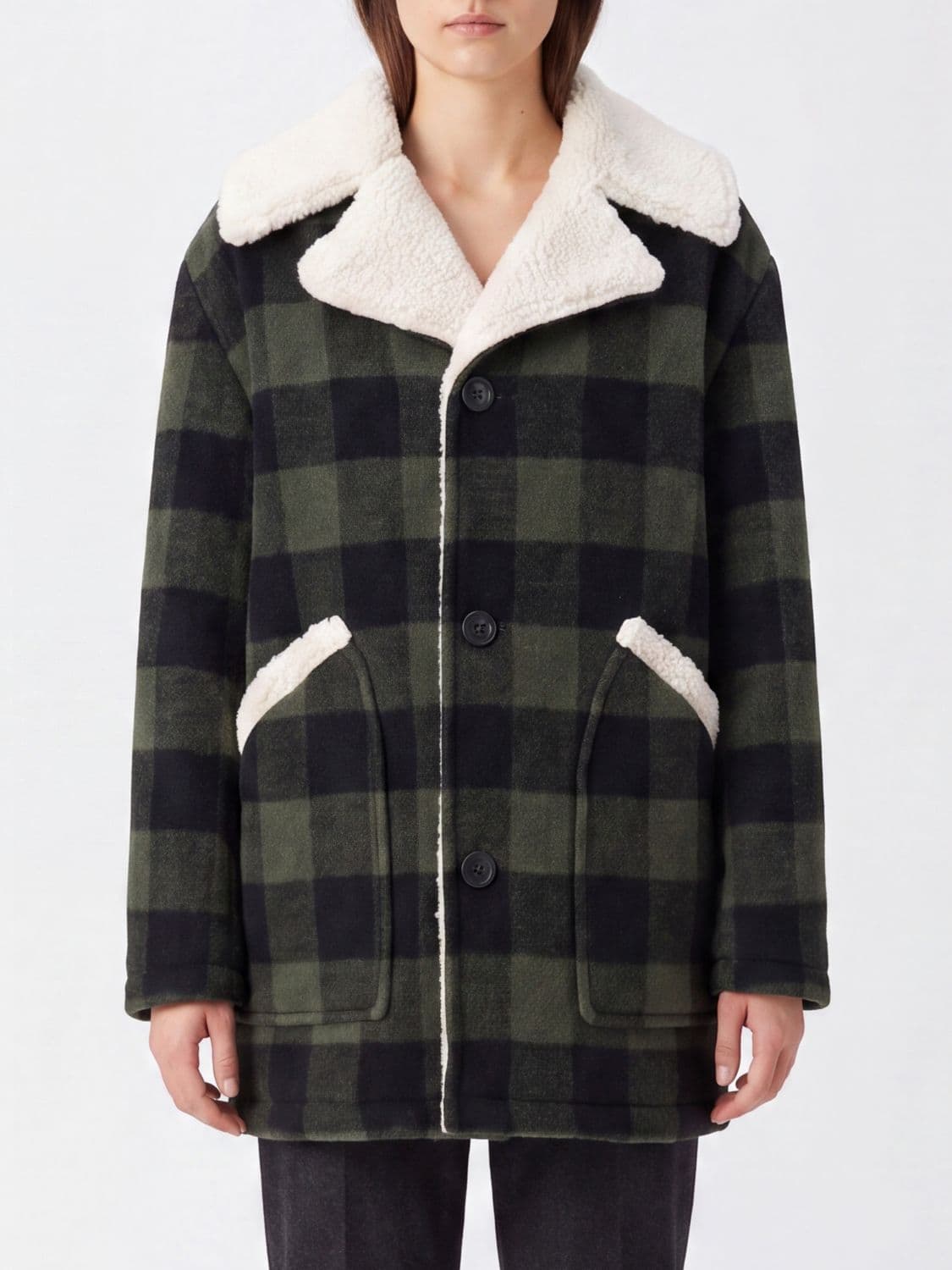 N° 21 Short Check Wool-Blend Coat with Faux-Fur Collar