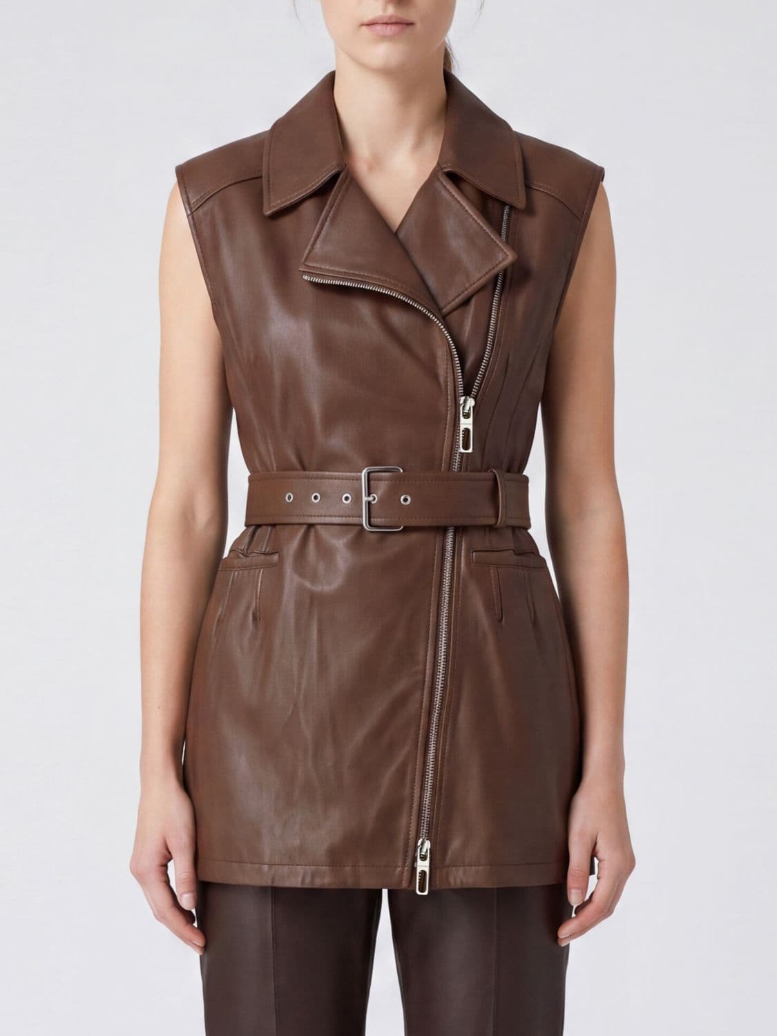 Sportmax Cropped Leather Biker Waistcoat with an Adjustable Waist Belt