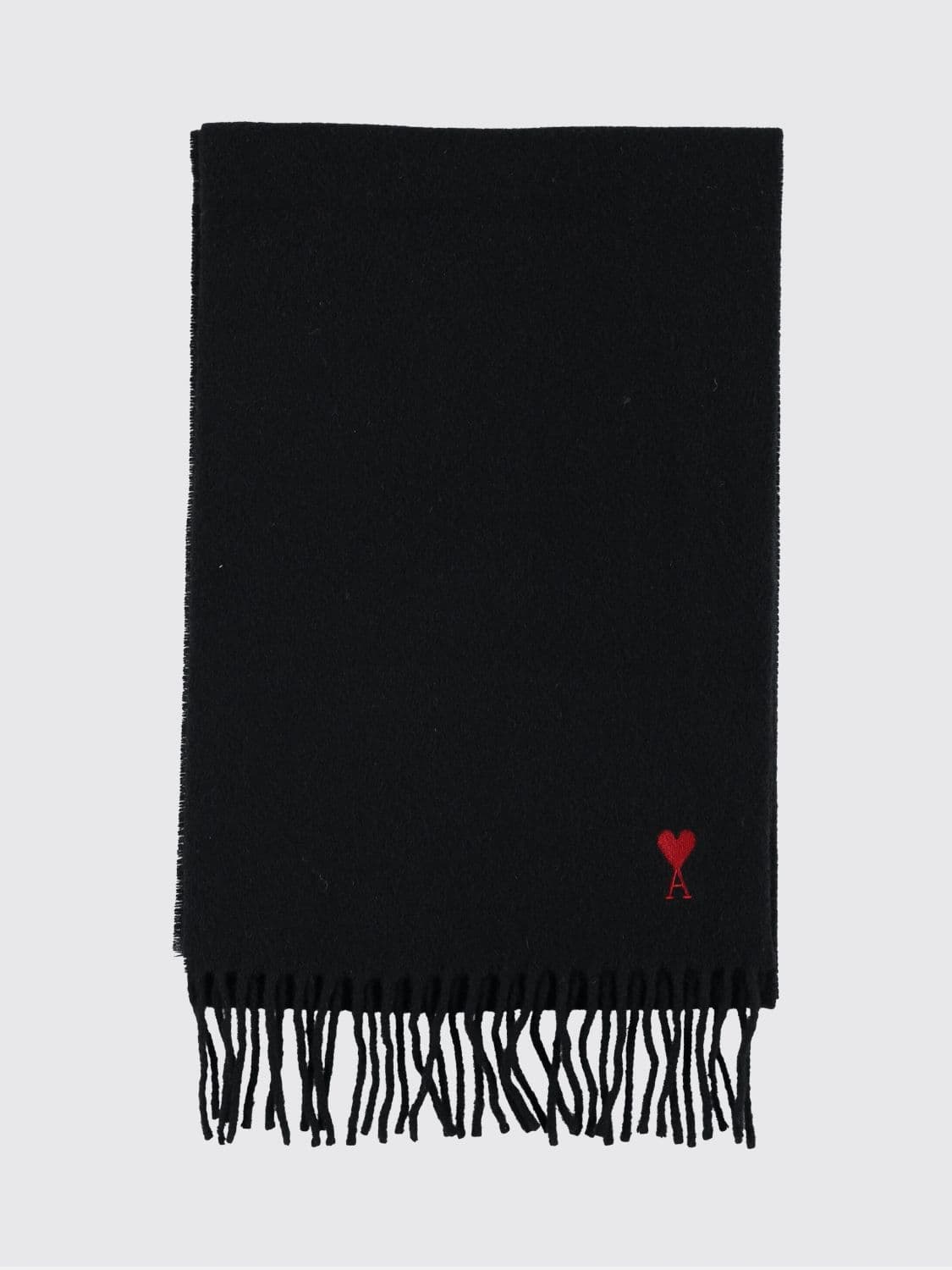 Ami Paris Wool Scarf with Embroidered Logo and Fringed Edges